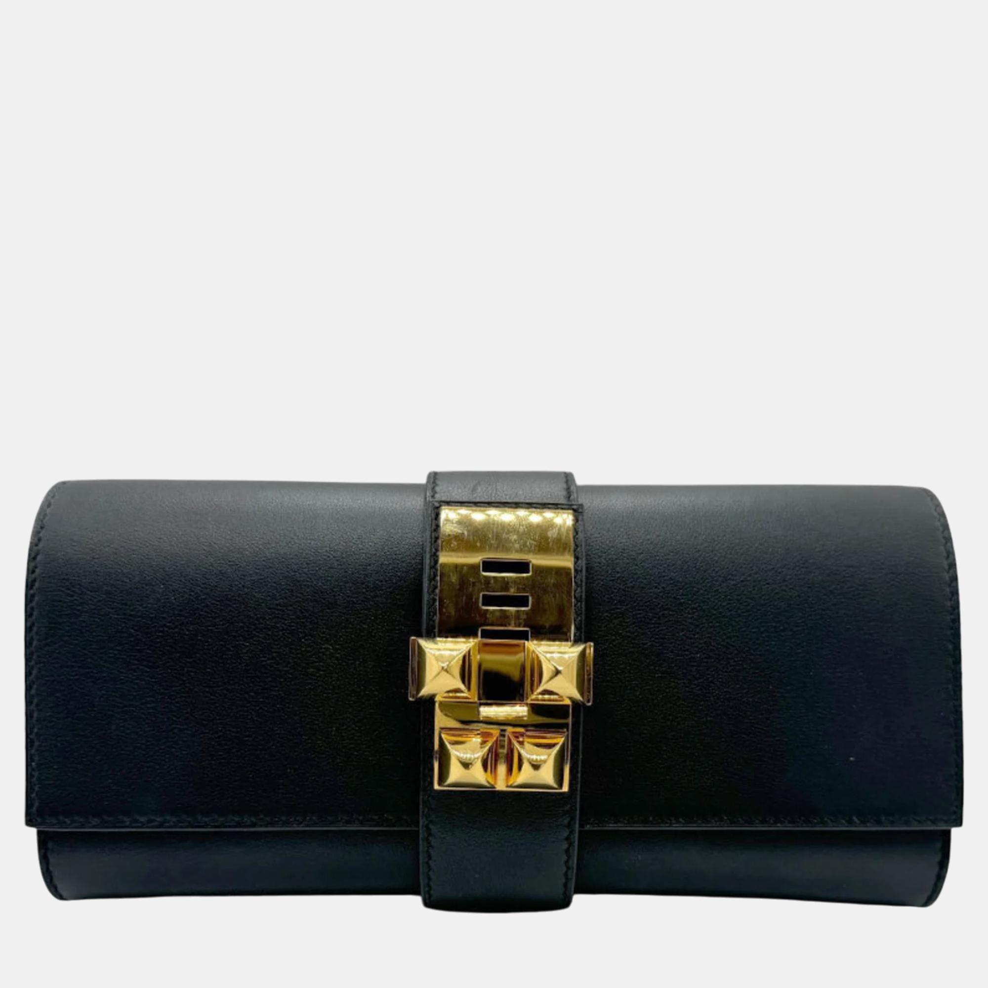 

Hermes Swift Leather Black Gold Medor Clutch Bag PM