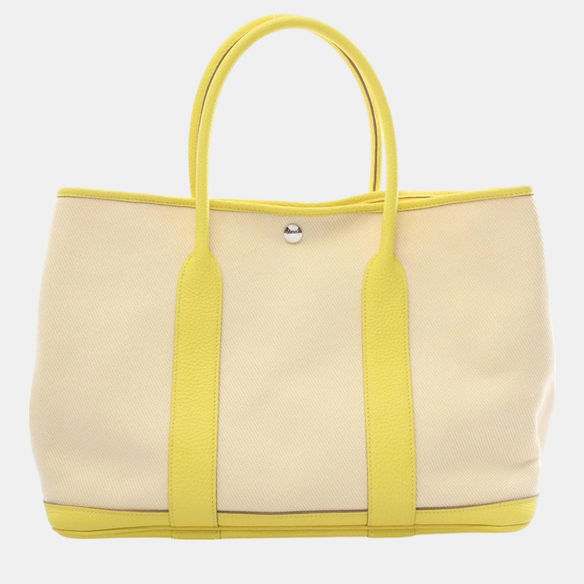 

Hermes Beige Yellow Leather Toile Officier Garden PM Lime Tote Bag