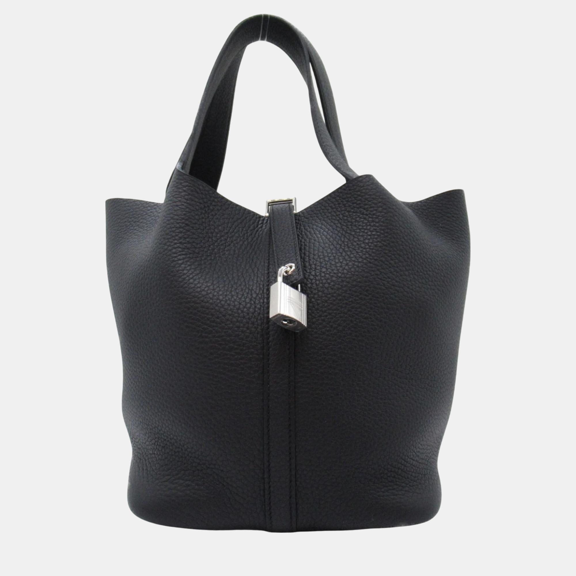 

Hermes Black Leather Taurillon Clemence Picotin Lock MM Handbag