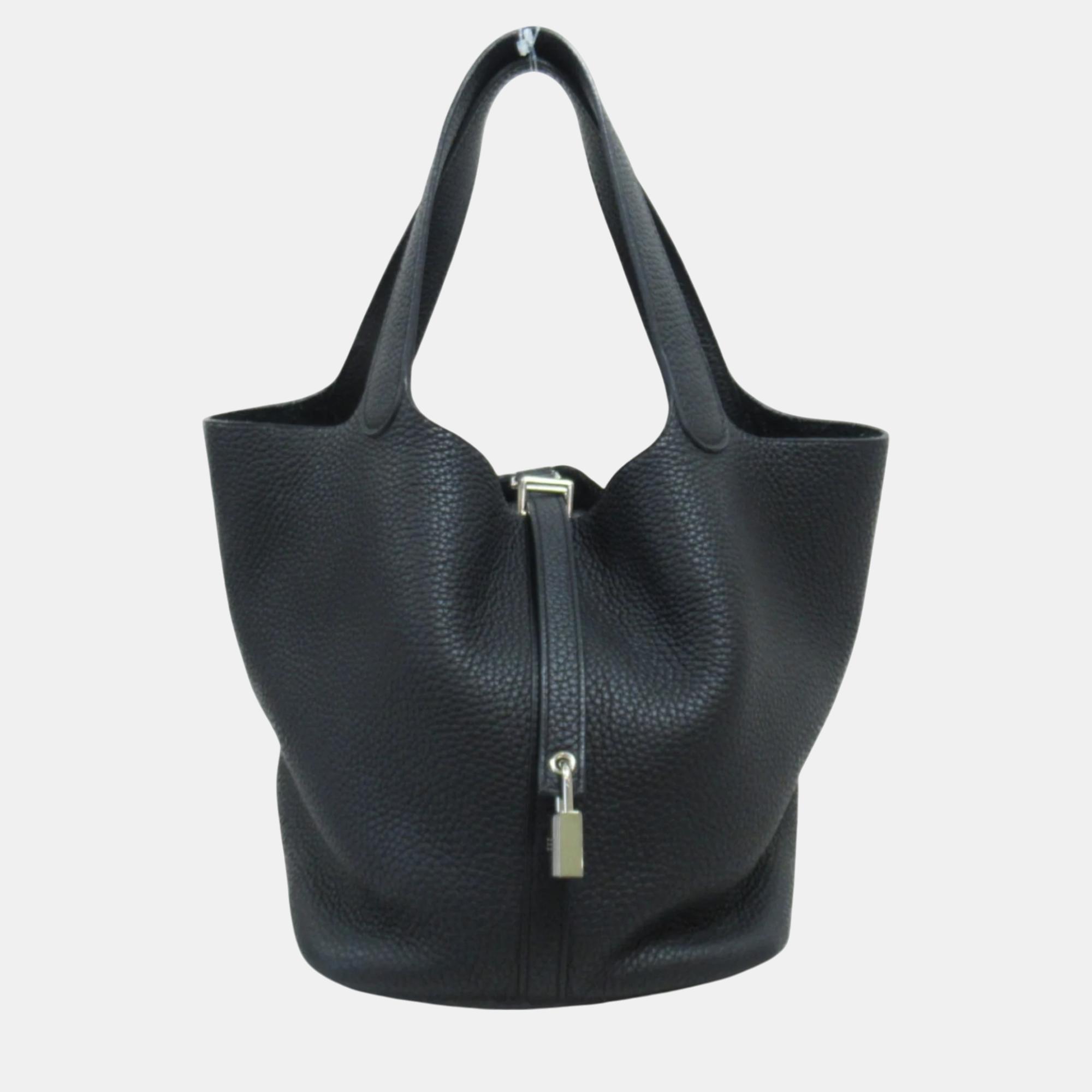 

Hermes Black Leather Taurillon Clemence Picotin Lock MM Handbag