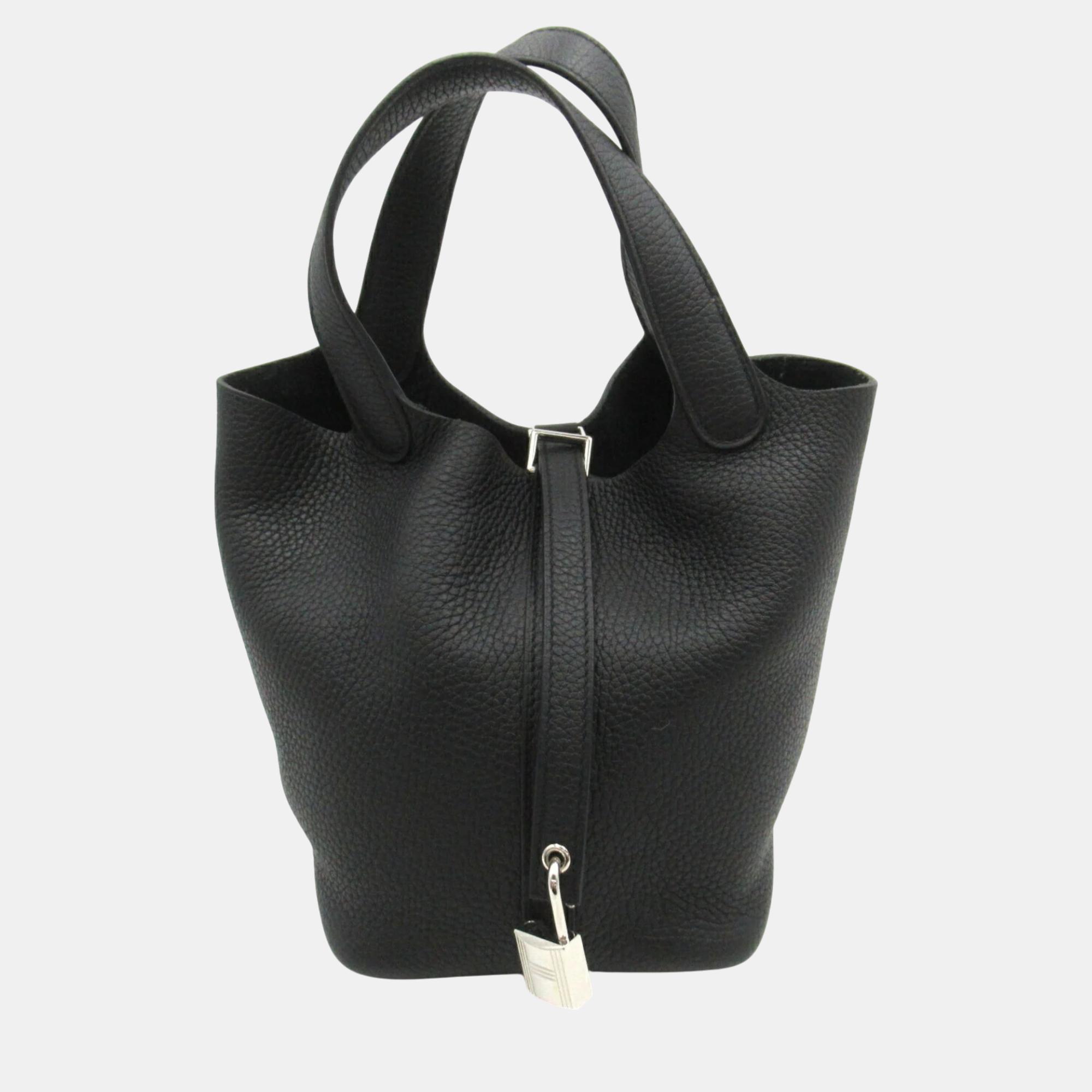 

Hermes Black Calfskin (Cowhide) Taurillon Clemence Picotin Lock PM Handbag