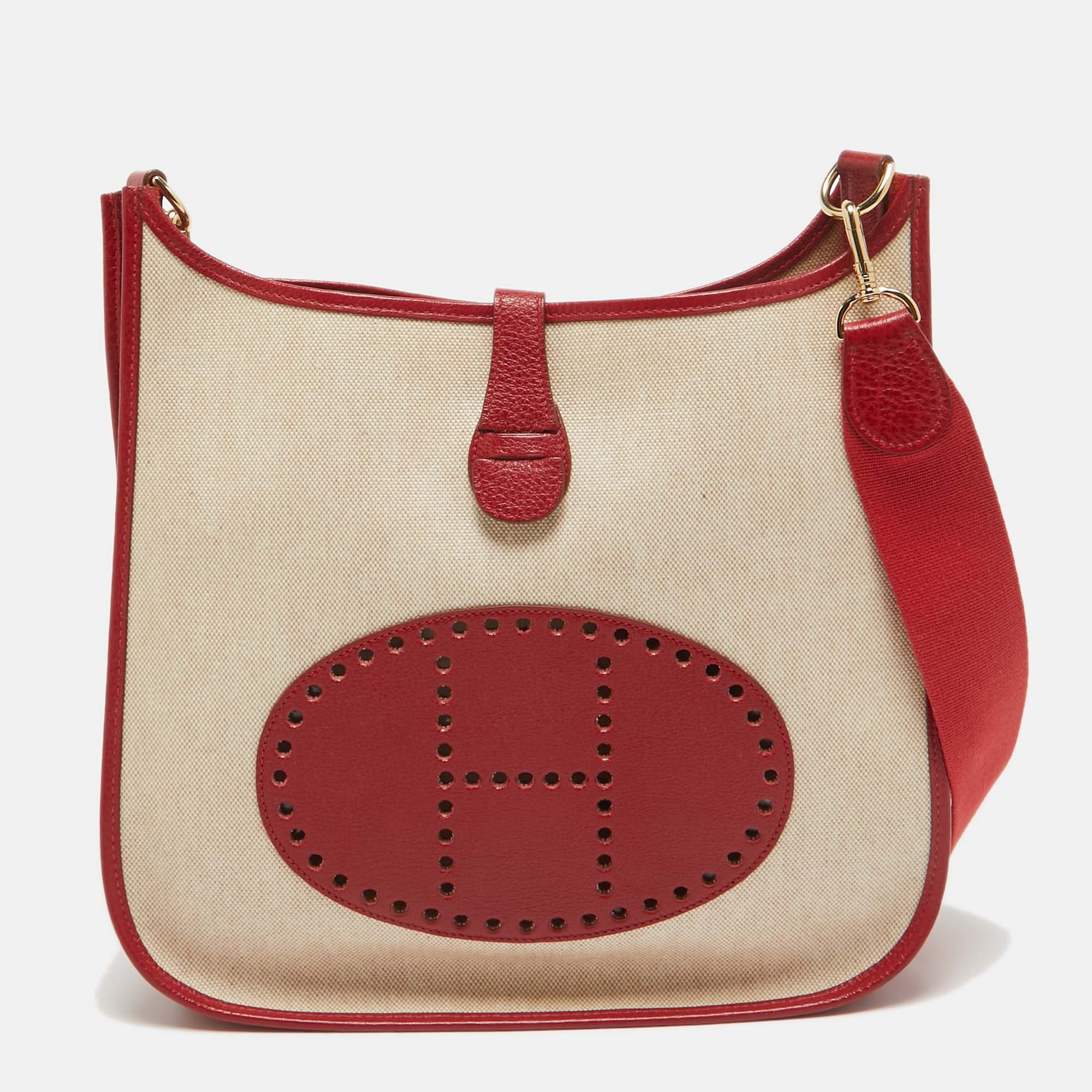 

Hermes Red Canvas and Leather Evelyne I GM Bag