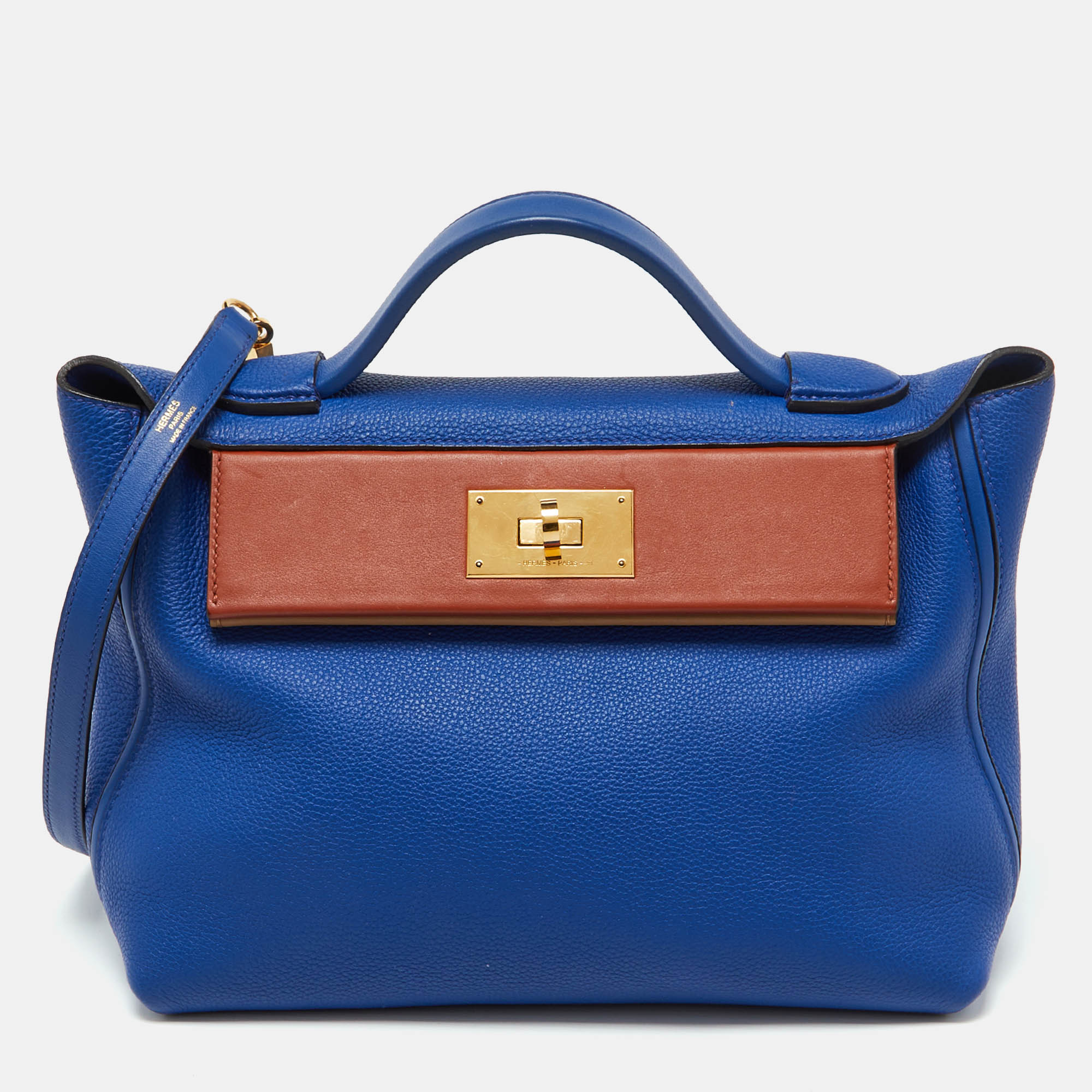 

Hermes Blue Royal/Tabac Camel/Fauve Evercolor and Swift Leather Gold Finish 24/24 29 Bag