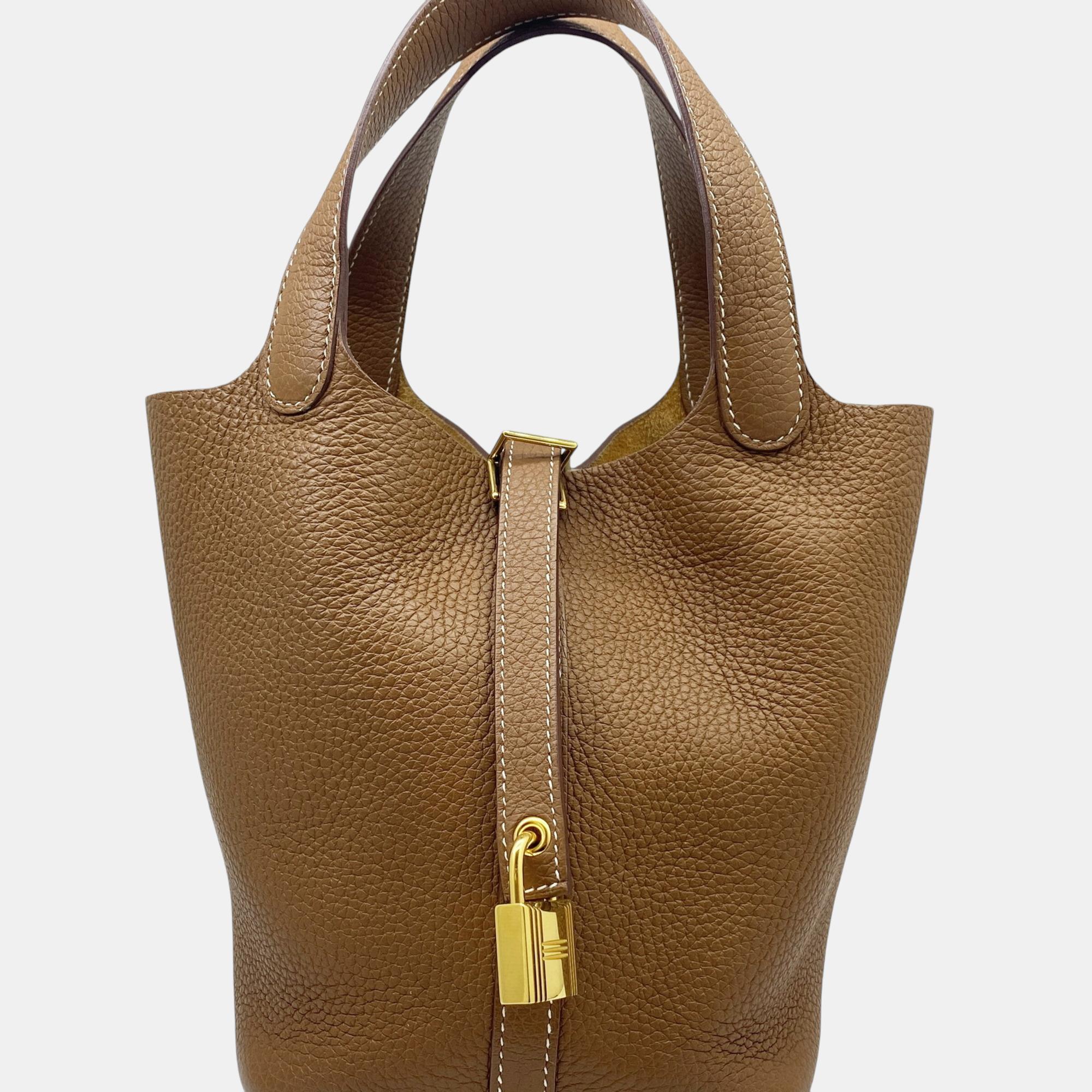 

Hermes Gold Brown Clece Picotin Lock PM Taurillon Handbag