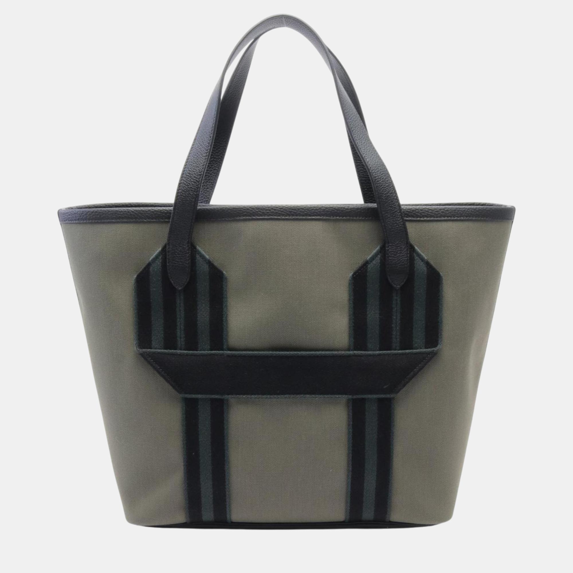 

Hermes Toile Militaire Taurillon Clece Khaki Black Pur Sangle MM Vert de Gris Tote Bag