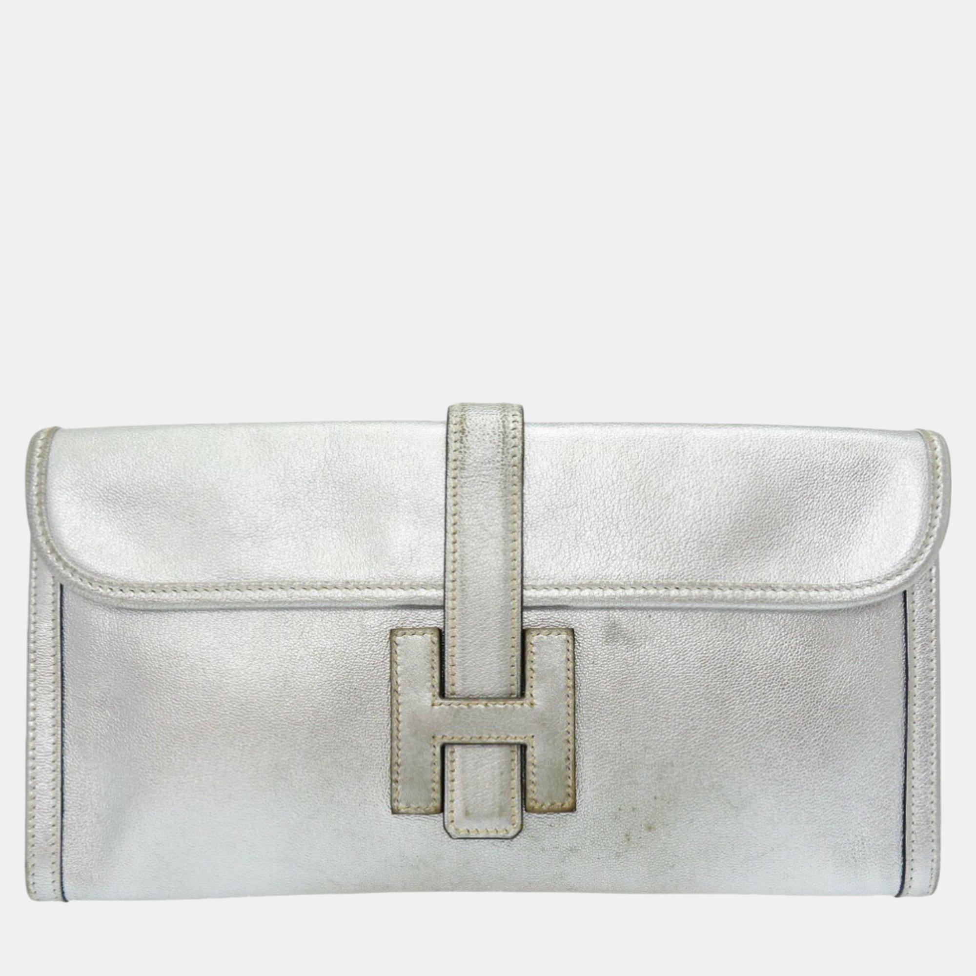 

Hermes Jige Athens Chevre Silver H Stamp Clutch Bag