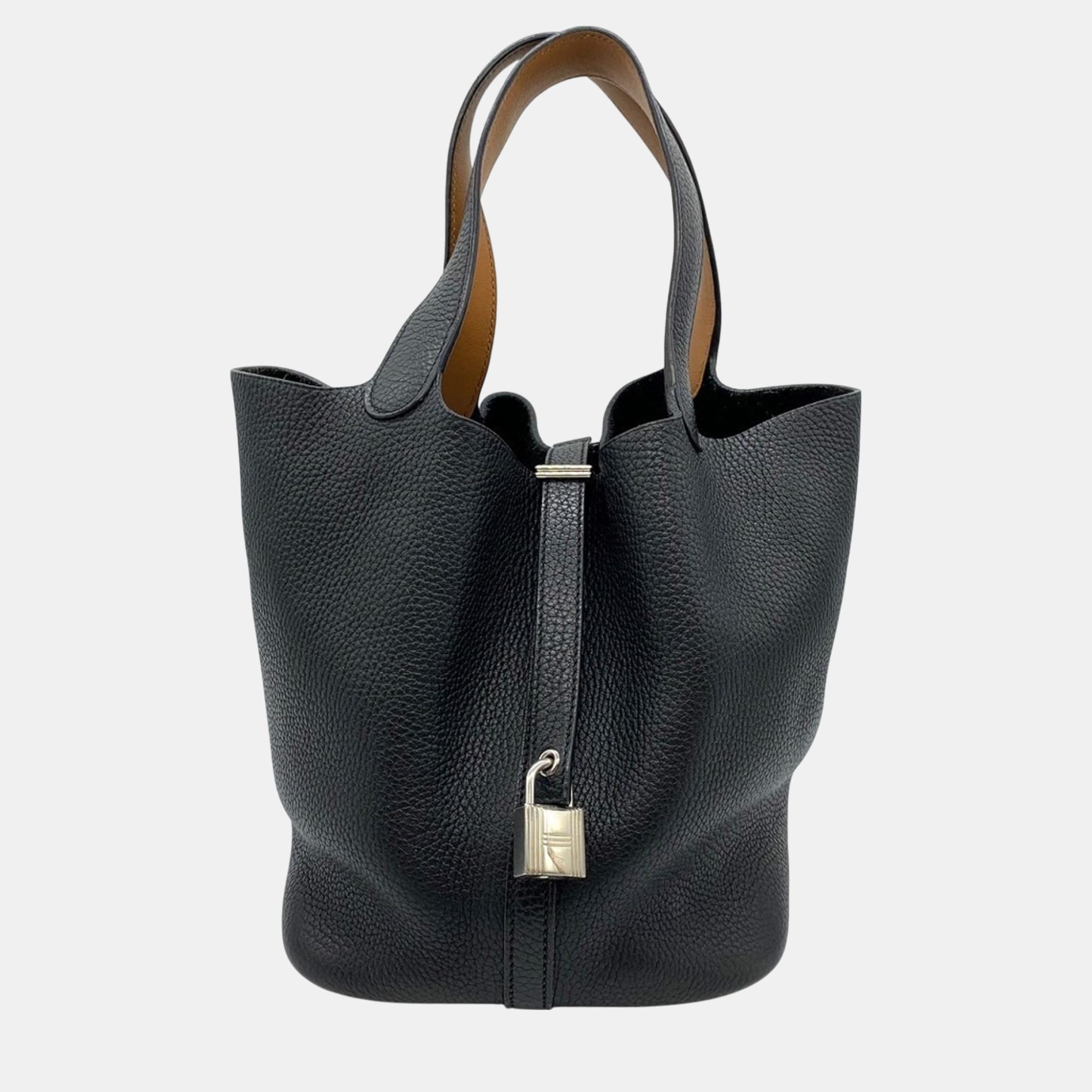 

Hermes Taurillon Clece Black/Brown Picotin Lock MM Handbag