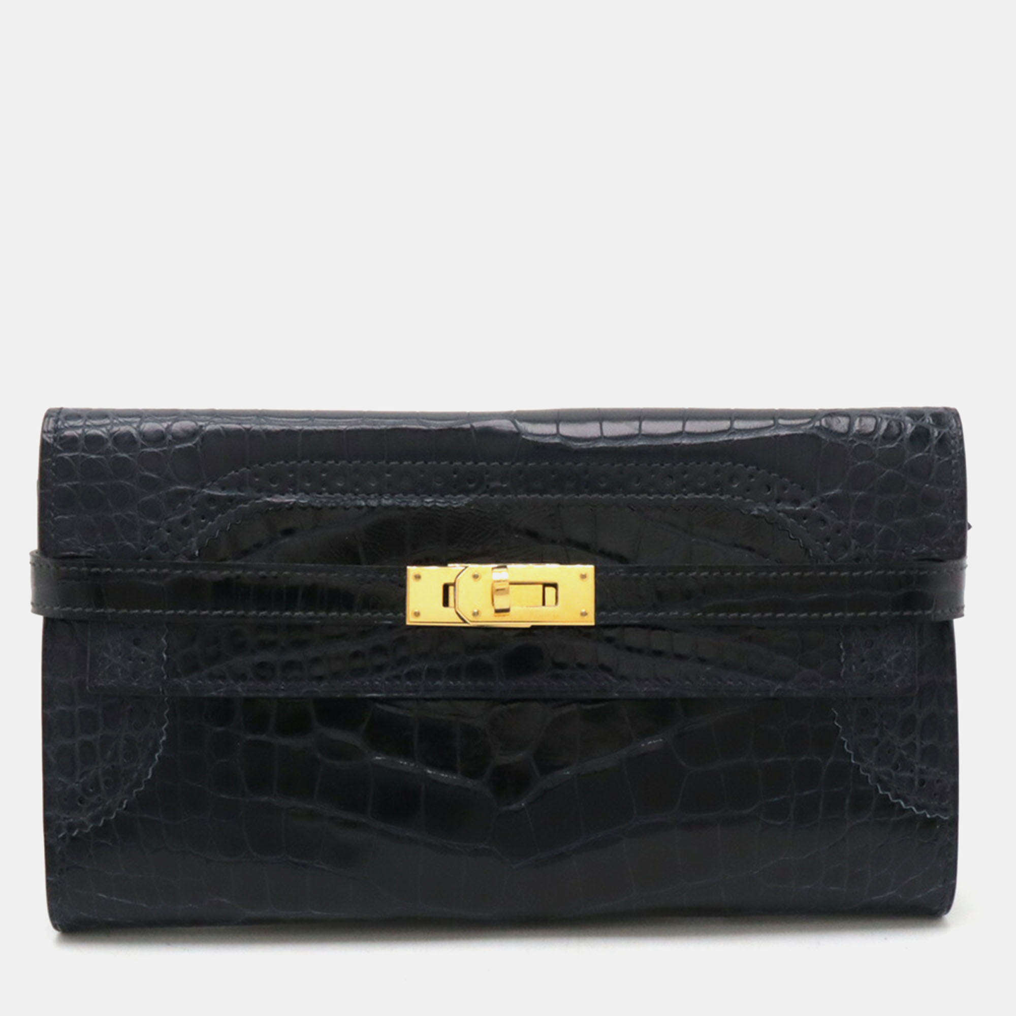 

Hermes Kelly Wallet Long Alligator Bifold Blue Leather, Black