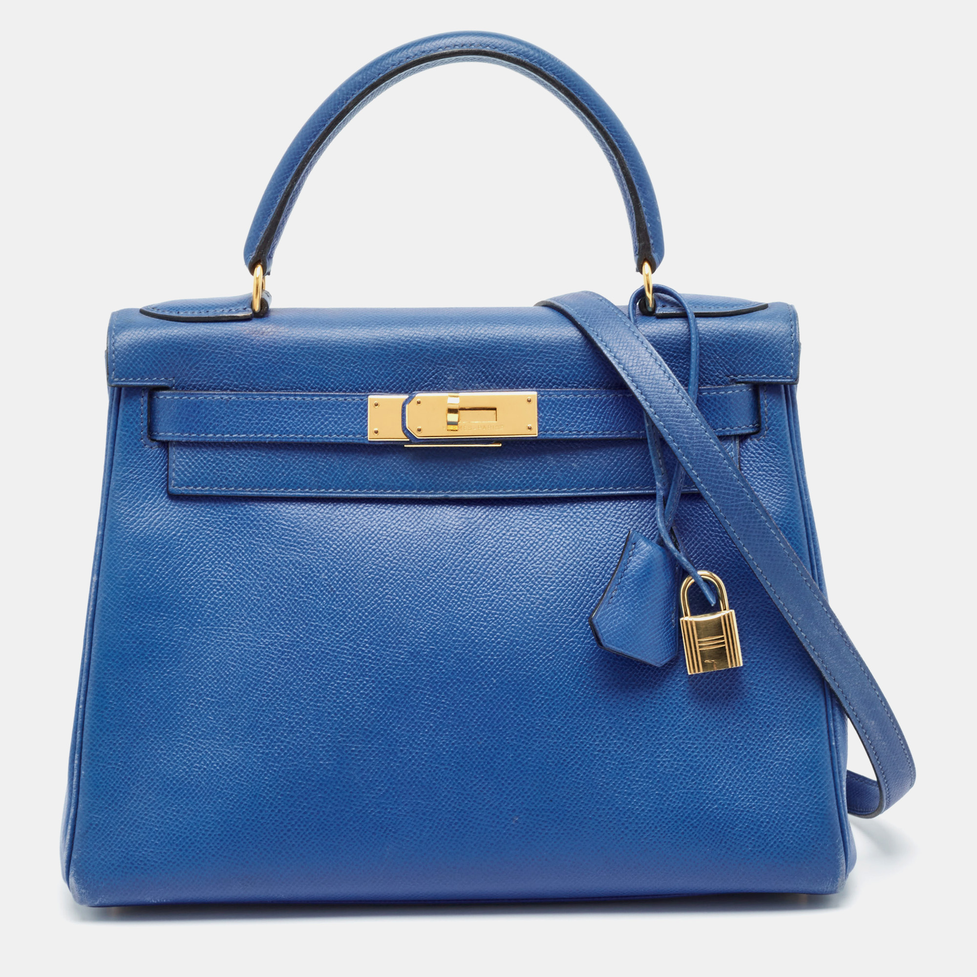 

Hermes Bleu France Epsom Leather Gold Finish Kelly Retourne 28 Bag, Blue