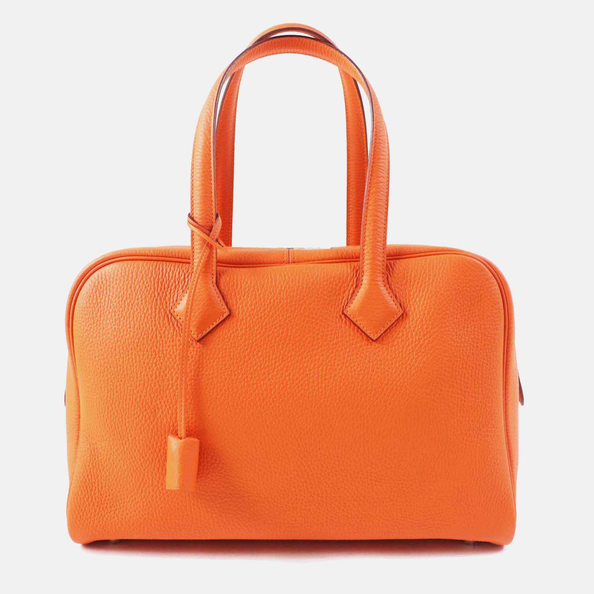 

Hermes Orange Leather Victoria 35 Clemence Boston Bag