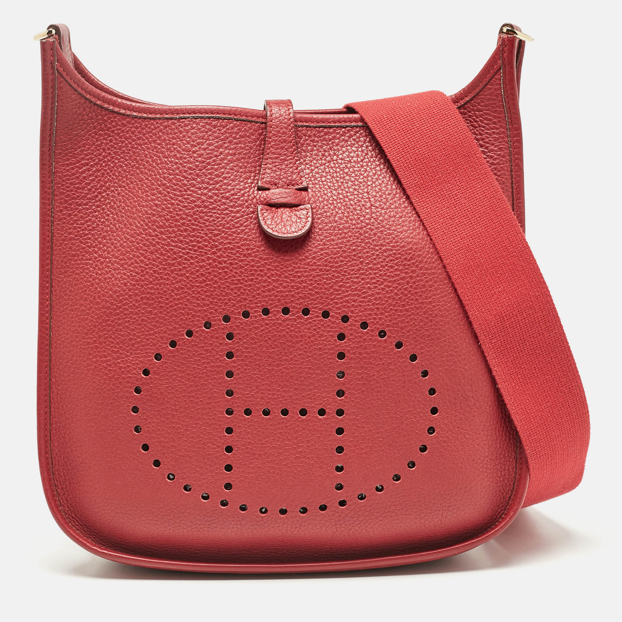 

Hermes Rouge Casaque Taurillon Clemence Leather Evelyne II PM Bag, Red