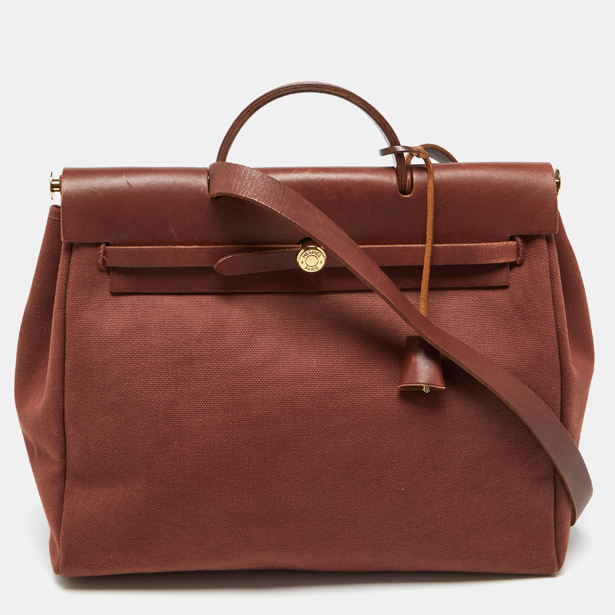 

Hermes Rouge H Toile and Leather Herbag Zip 39 Bag, Brown