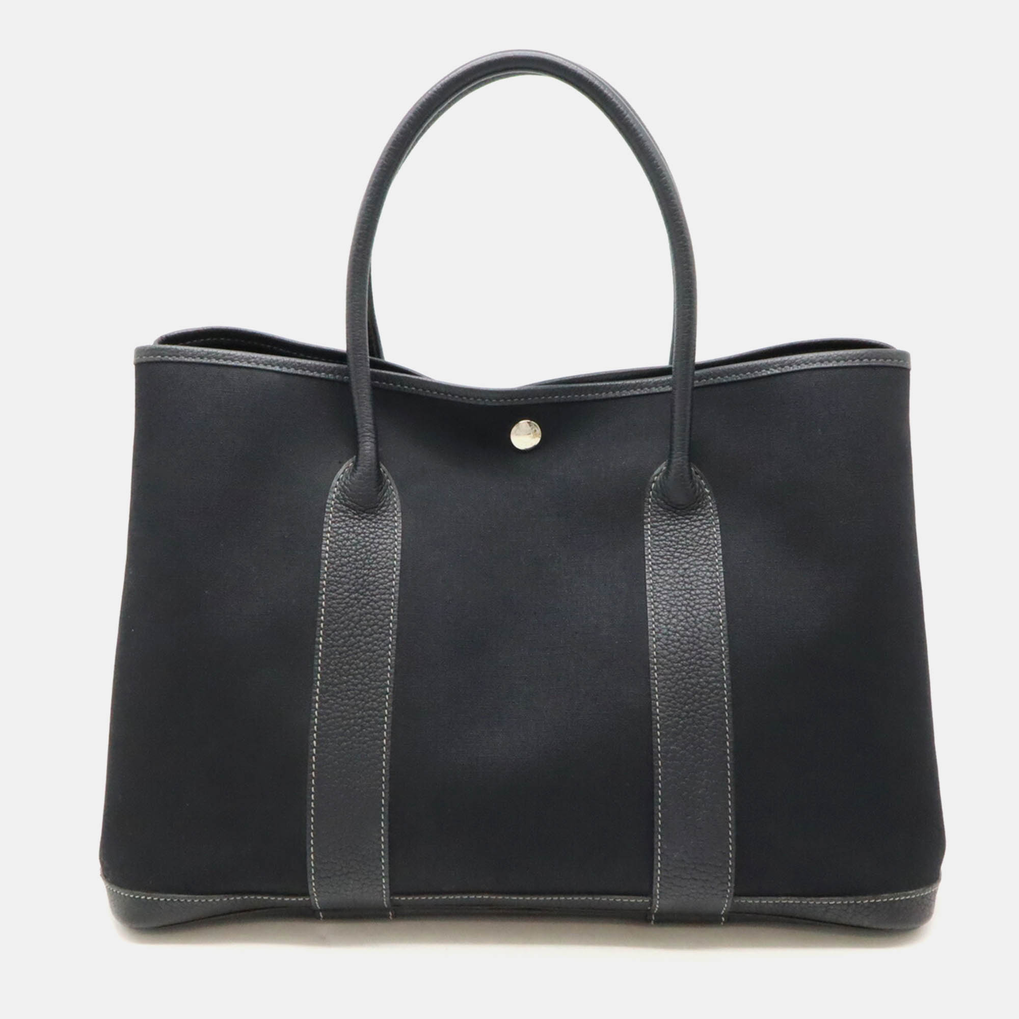 

Hermes Black Canvas Leather Garden Party Pm Tote Bag