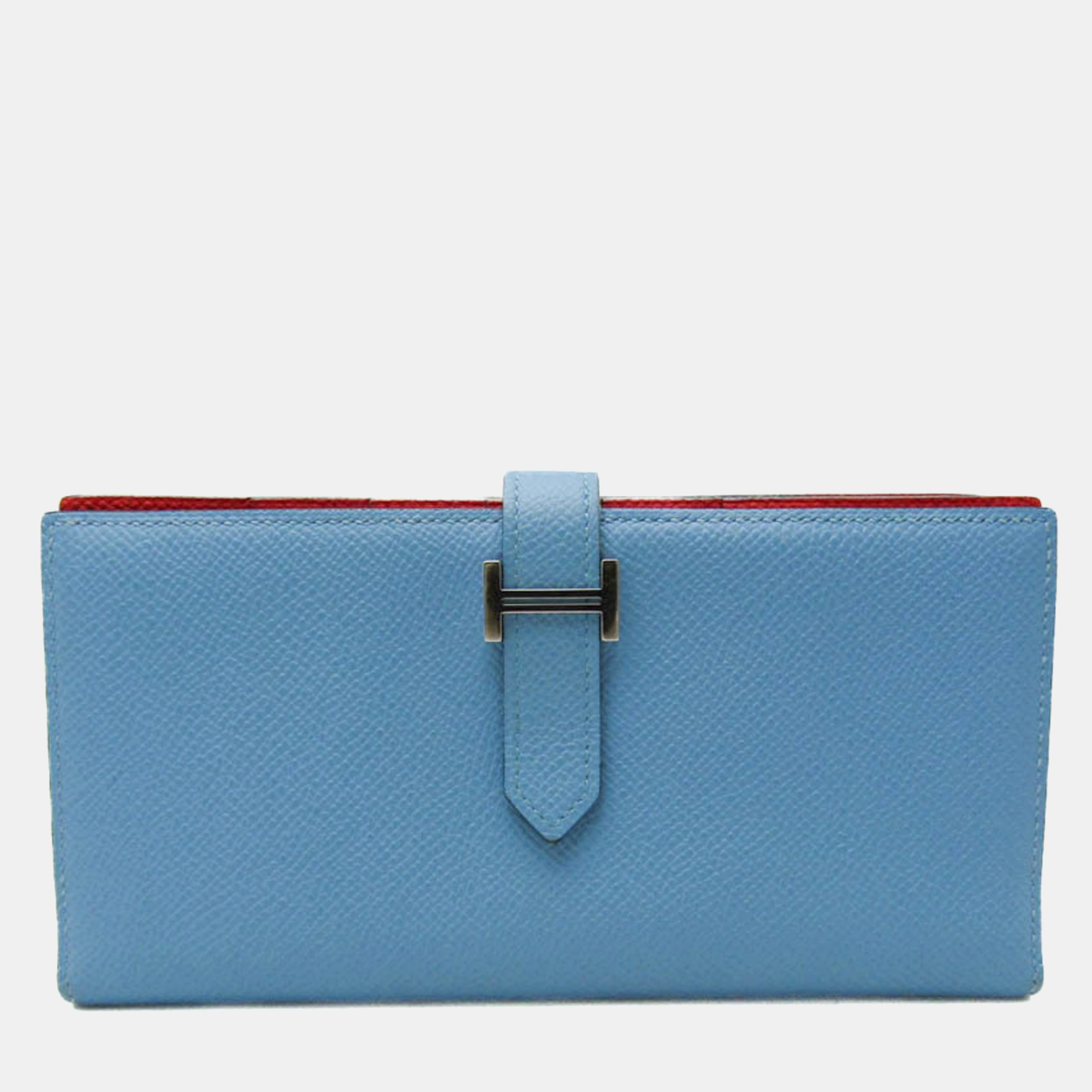 

Hermes Light Blue Red Bearn Souffle Leather Long Bi-Fold Wallet