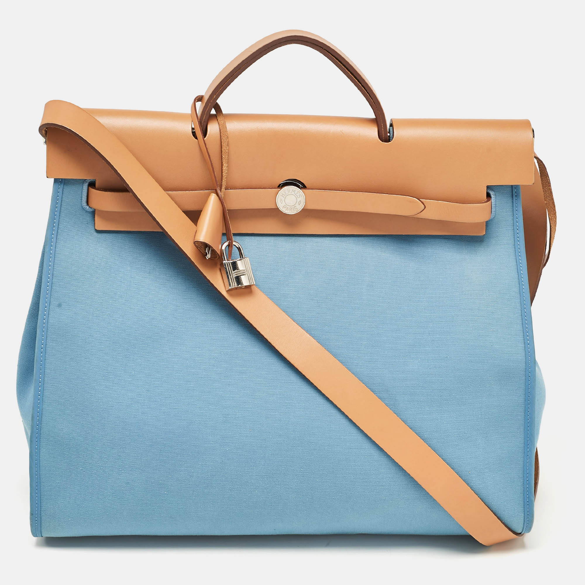 

Hermes Bleu Azur/Natural Toile and Vache Hunter Herbag Zip 39 Bag, Blue