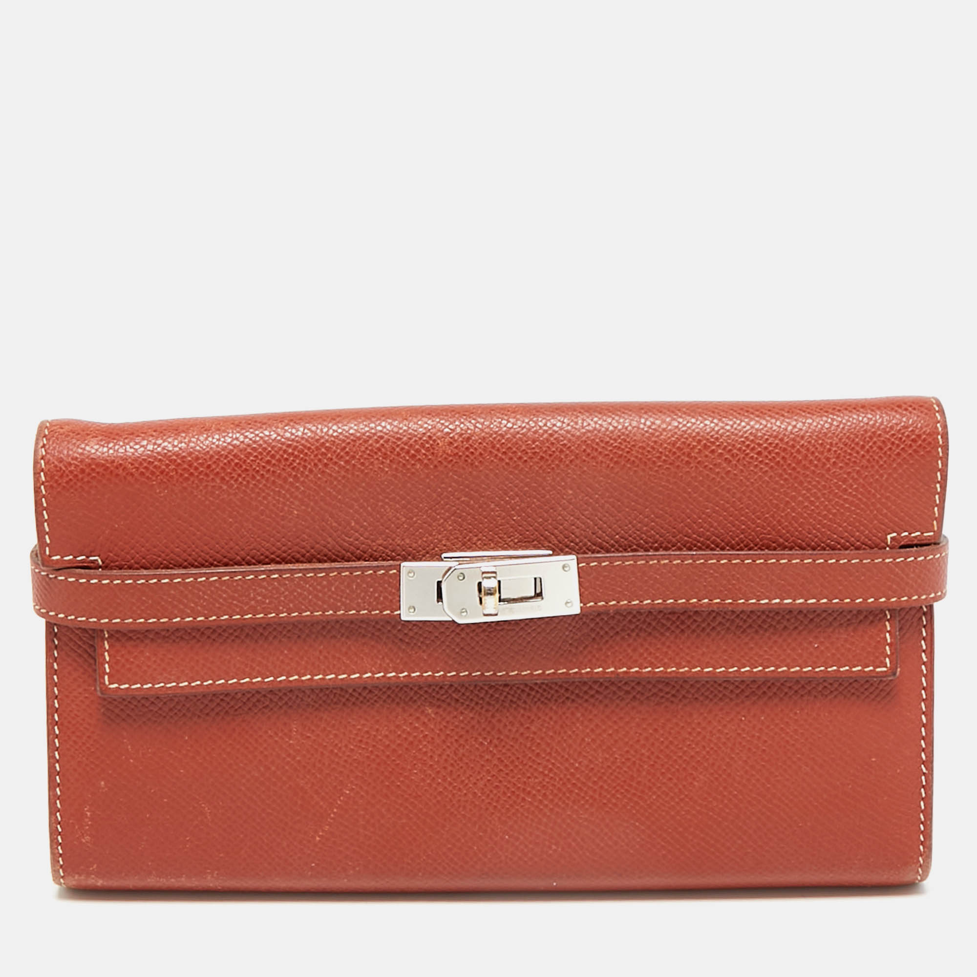 

Hermes Brique Epsom Leather Kelly Longue Wallet, Red