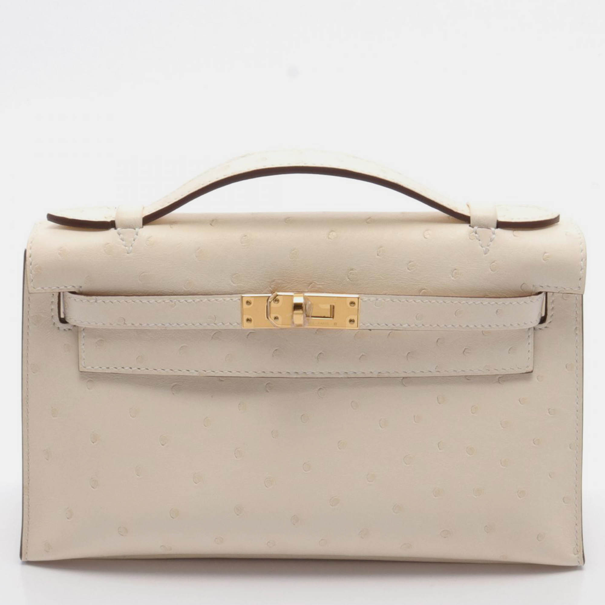 

Hermes Ivory White Leather Mini Kelly Ostrich Handbag, Beige