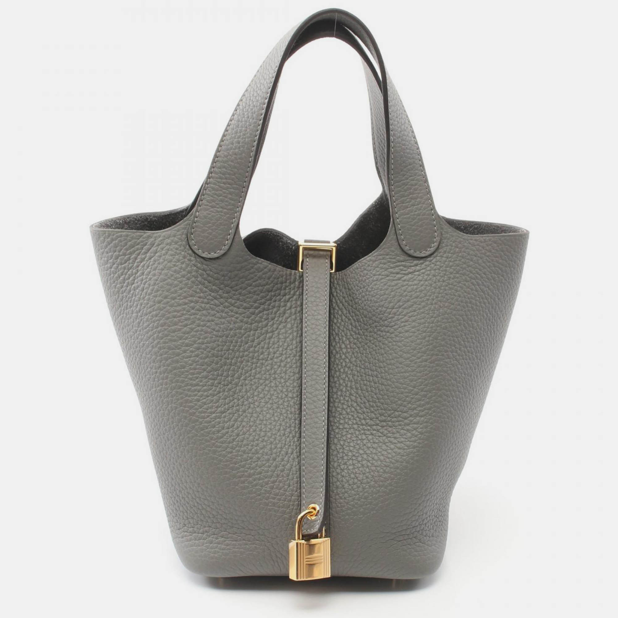 

Hermes Grey Leather Picotin Lock PM Handbag