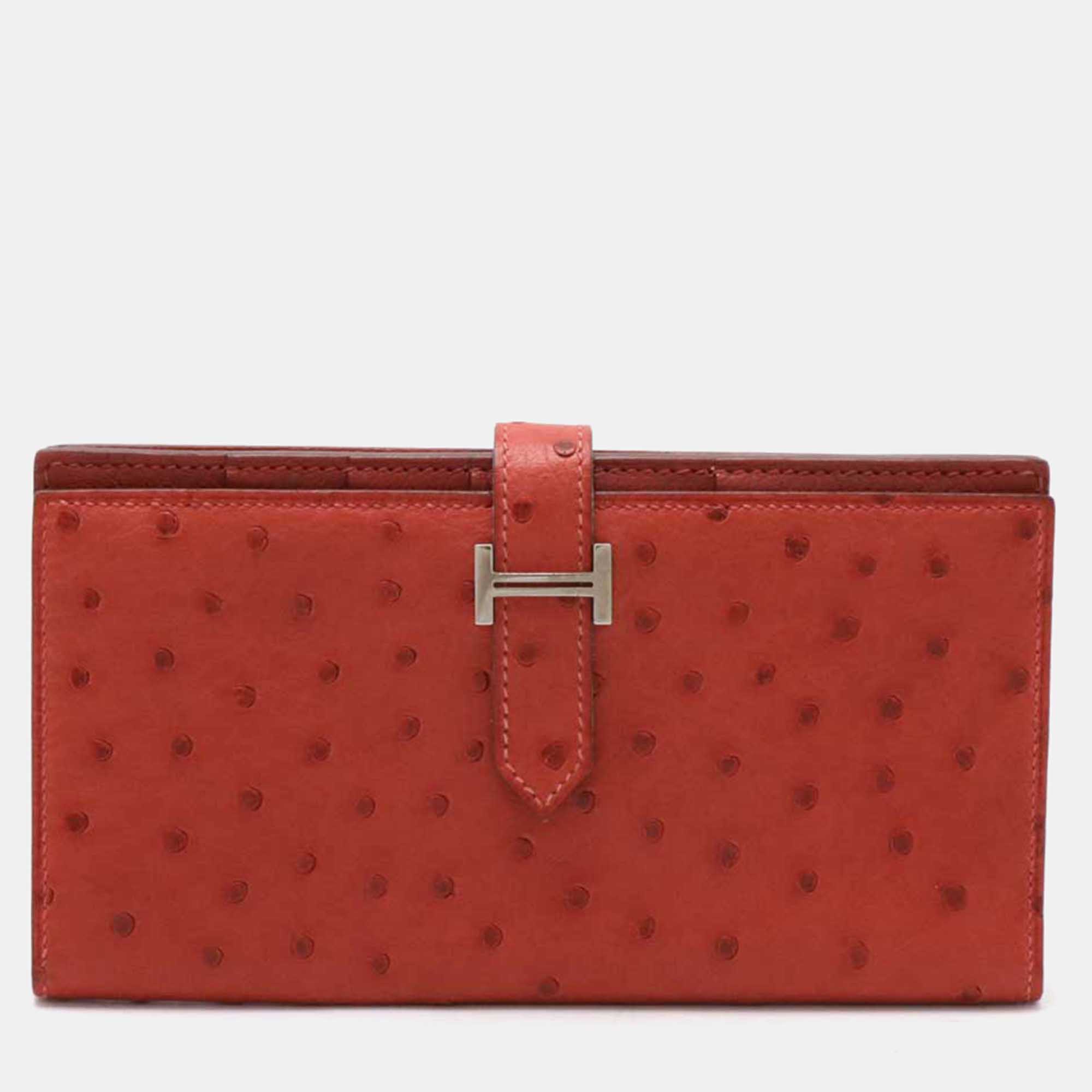 

Hermes Red Leather Ostrich Bearn Souffle Long Wallet