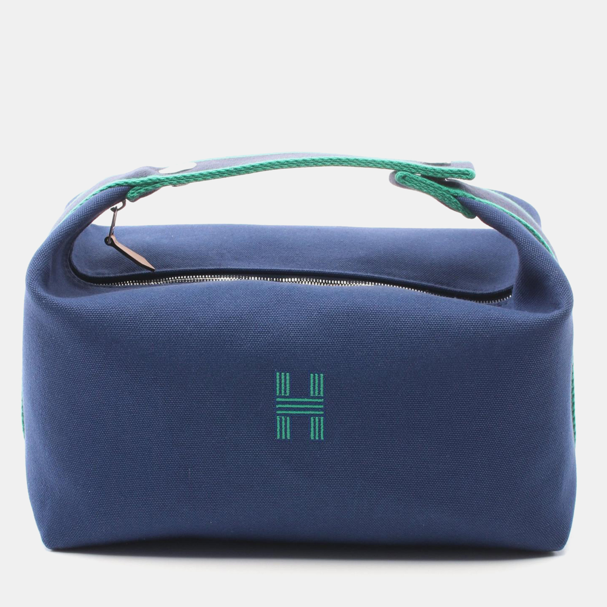 

Hermes Navy/Green Canvas Handbag, Navy blue