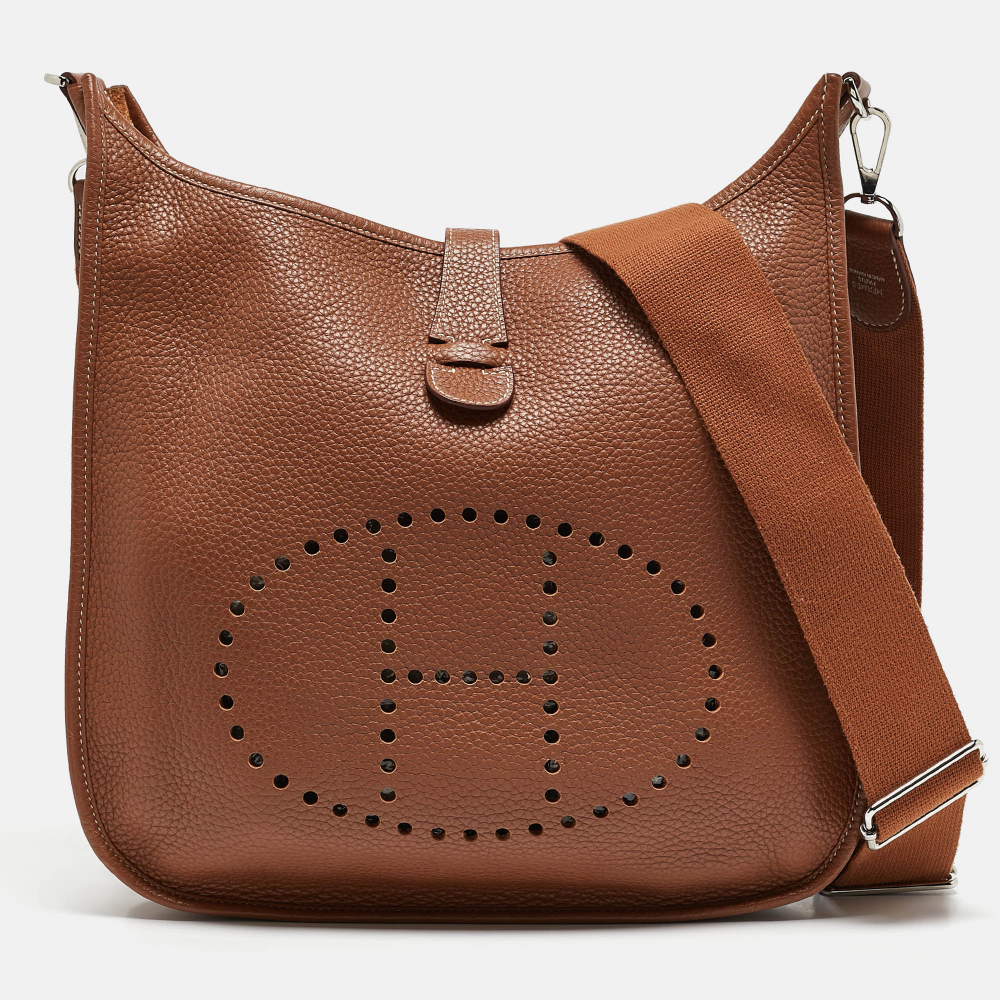 

Hermes Gold Taurillon Clemence Leather Evelyne III GM Bag, Brown