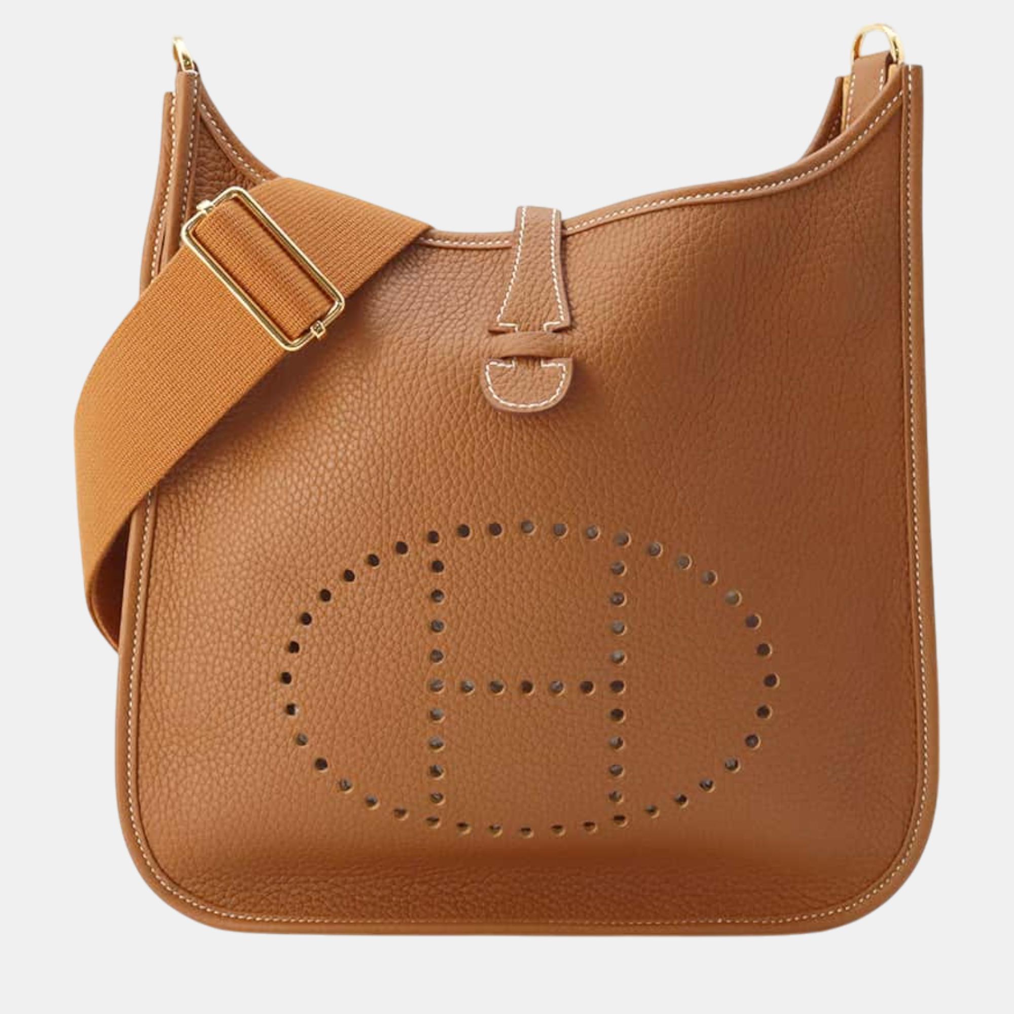 

Hermes Gold Taurillon Clemence Leather Evelyne III PM Crossbody Bag, Brown