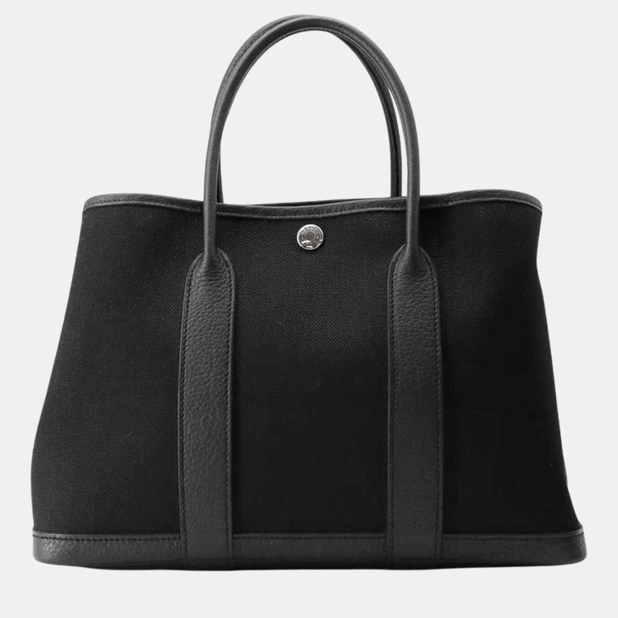 

Hermes Black Toile Military Negonda Leather Garden Party TPM Tote Bag