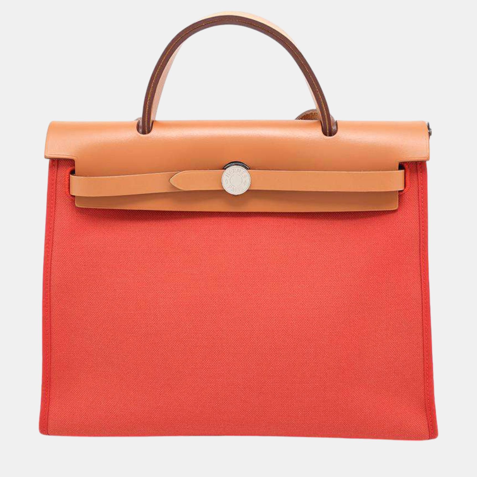 

Hermes Herbag Zip Orange/Brown Toile Military Vache Hunter Leather Size Pm