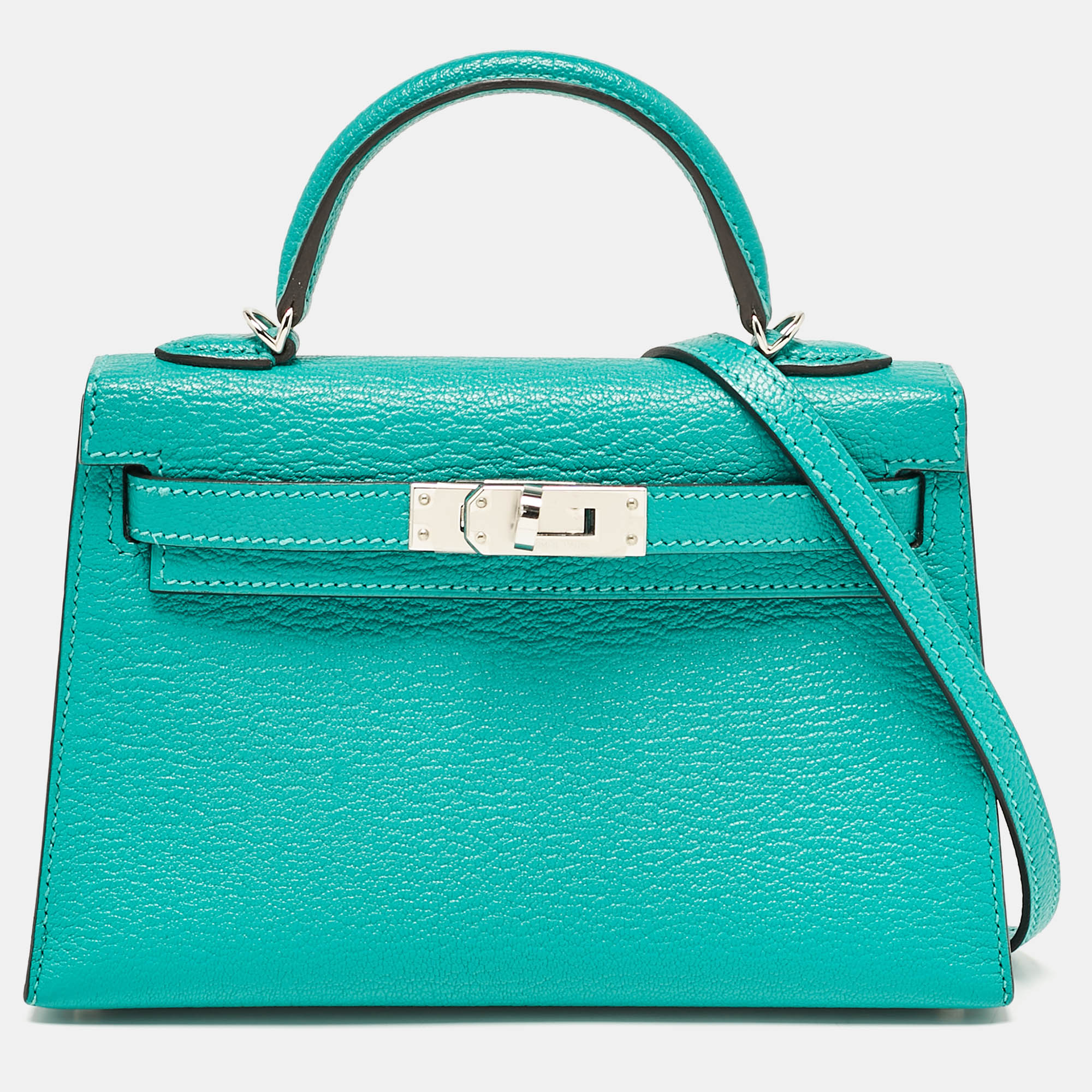 

Hermes Vert Verone/Bleu Zanzibar Chevre Leather Palladium Finish Mini Kelly II Sellier 20 Bag, Green