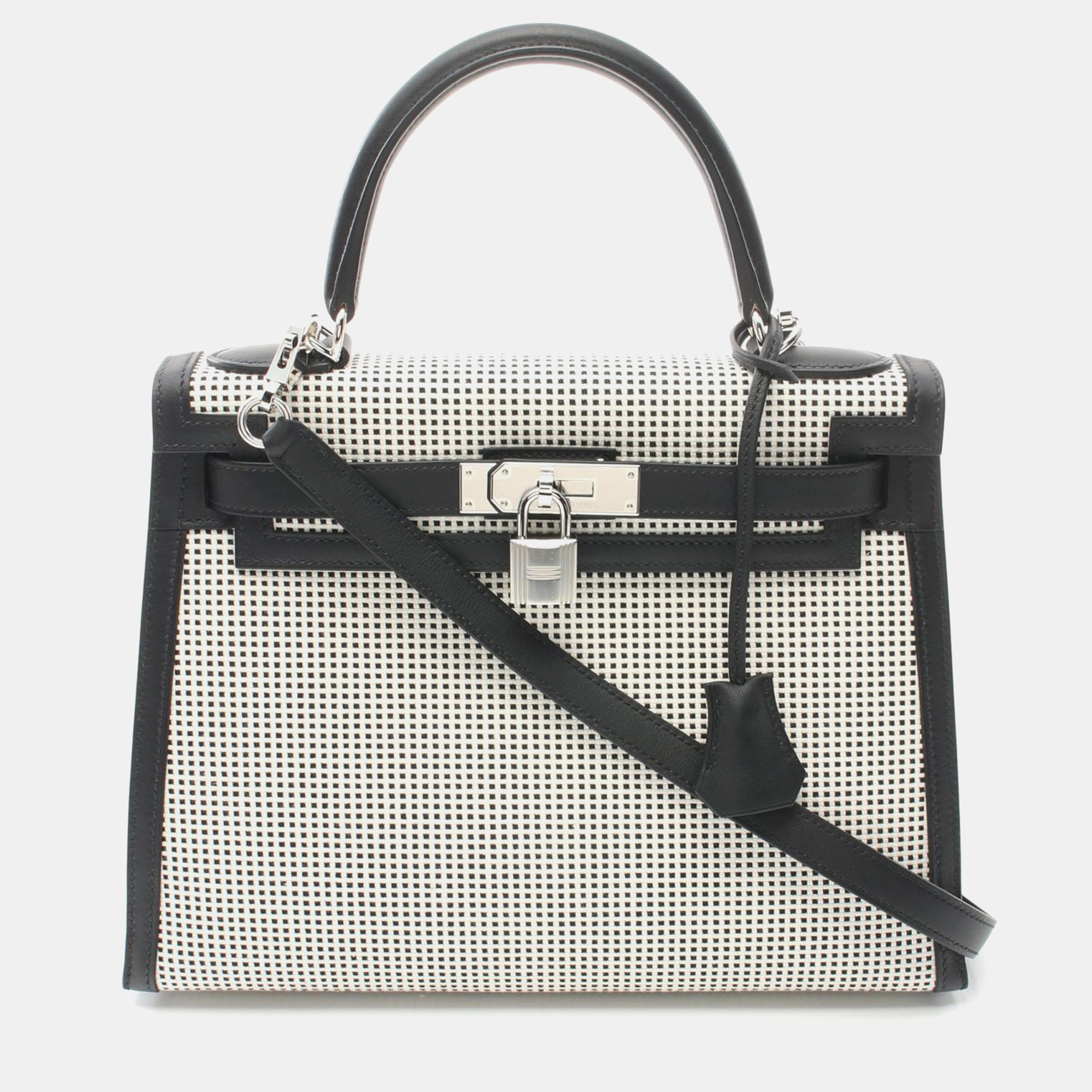 

Hermes White Toile Quadrille Leather Kelly 28 Tote Bag