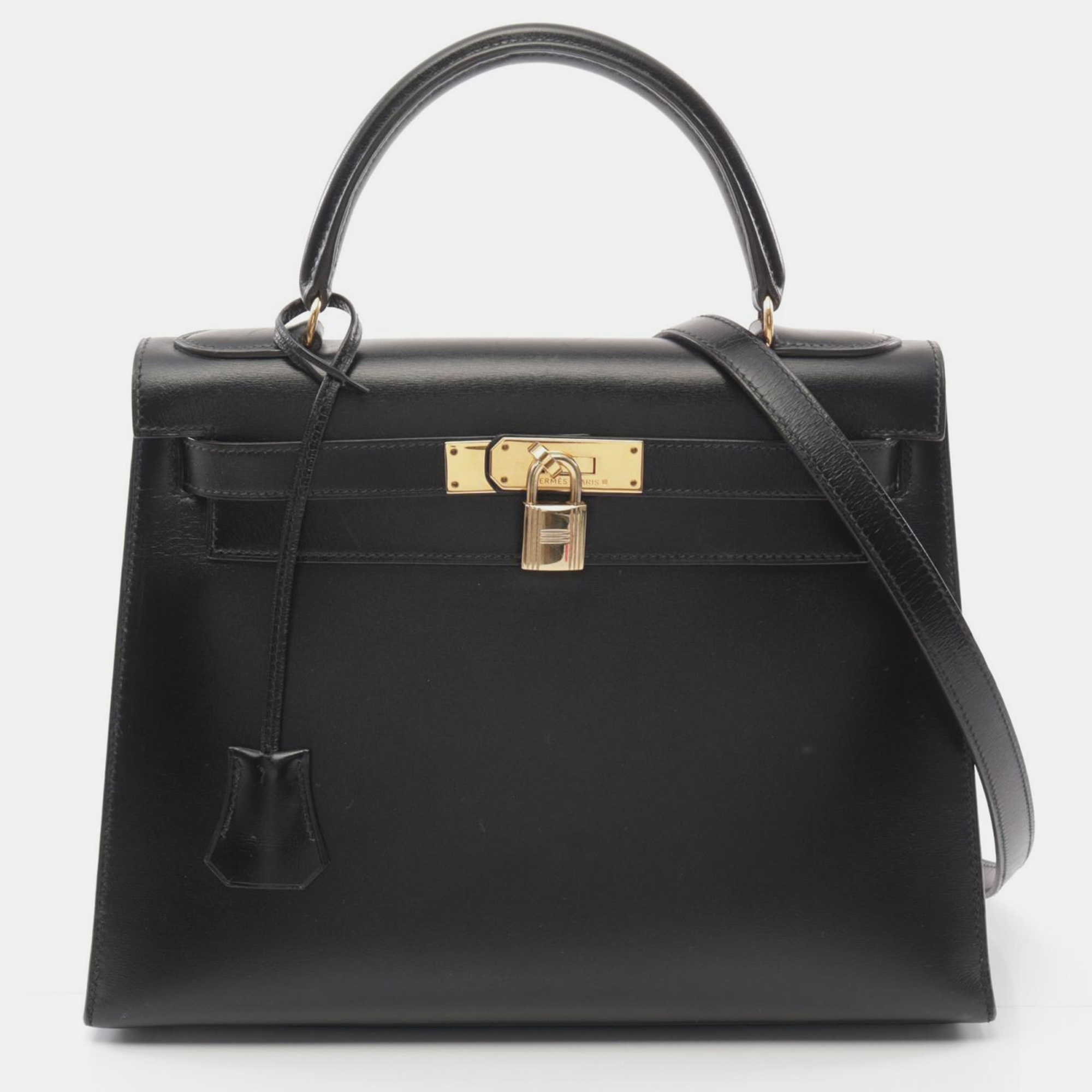 

Hermes Black Leather Kelly 28 Tote Bag