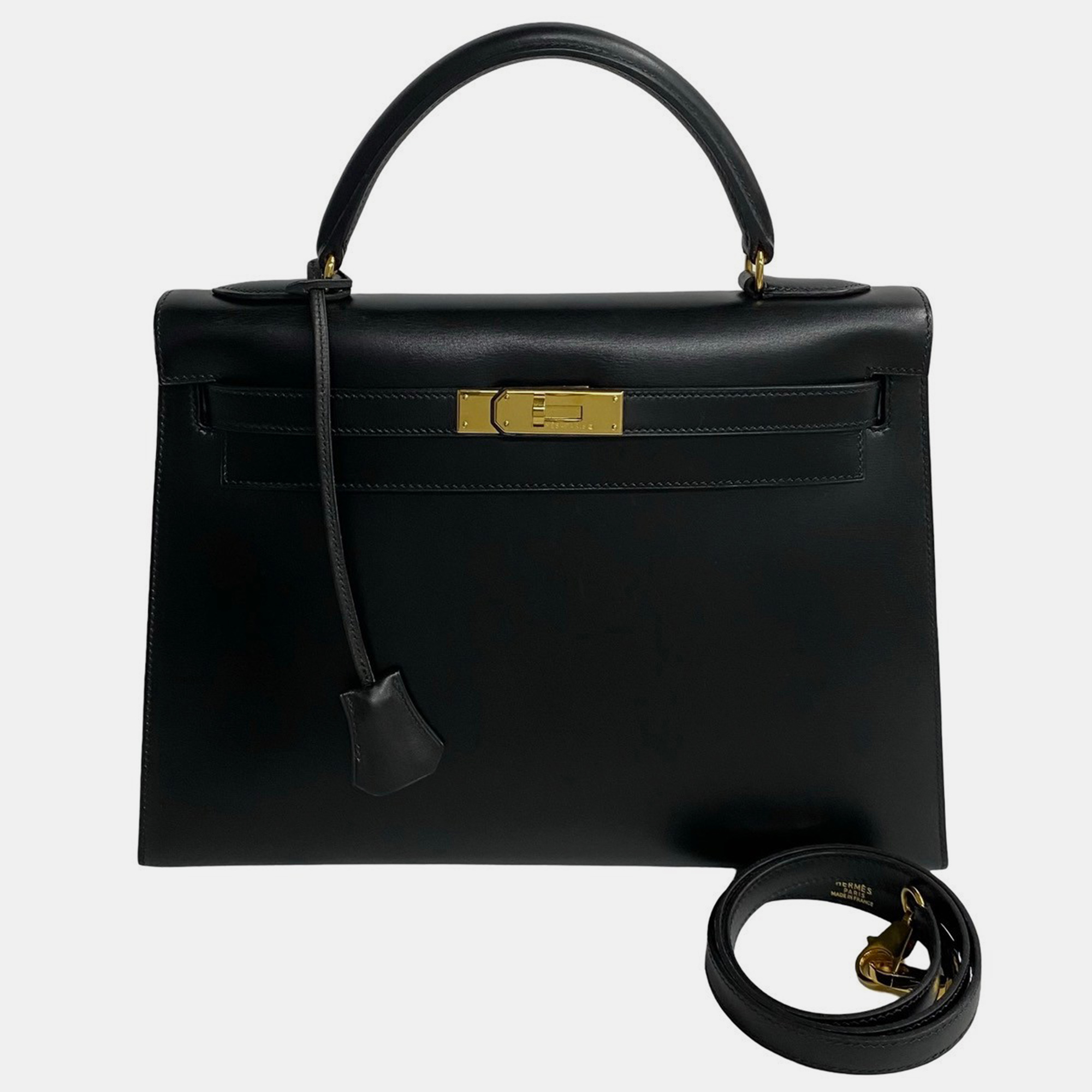 

Hermes Black Leather Kelly 32 Tote Bag