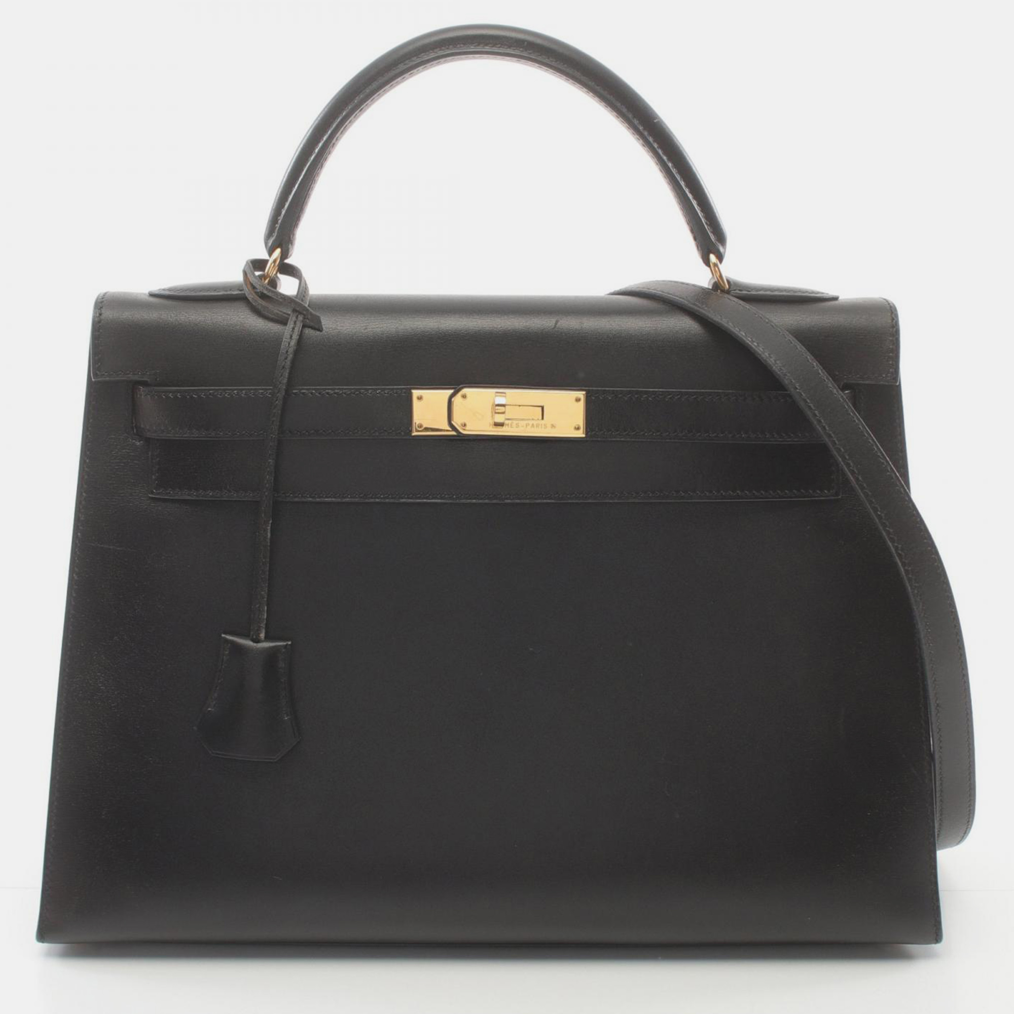 

Hermes Black Leather Kelly 32 Tote Bag