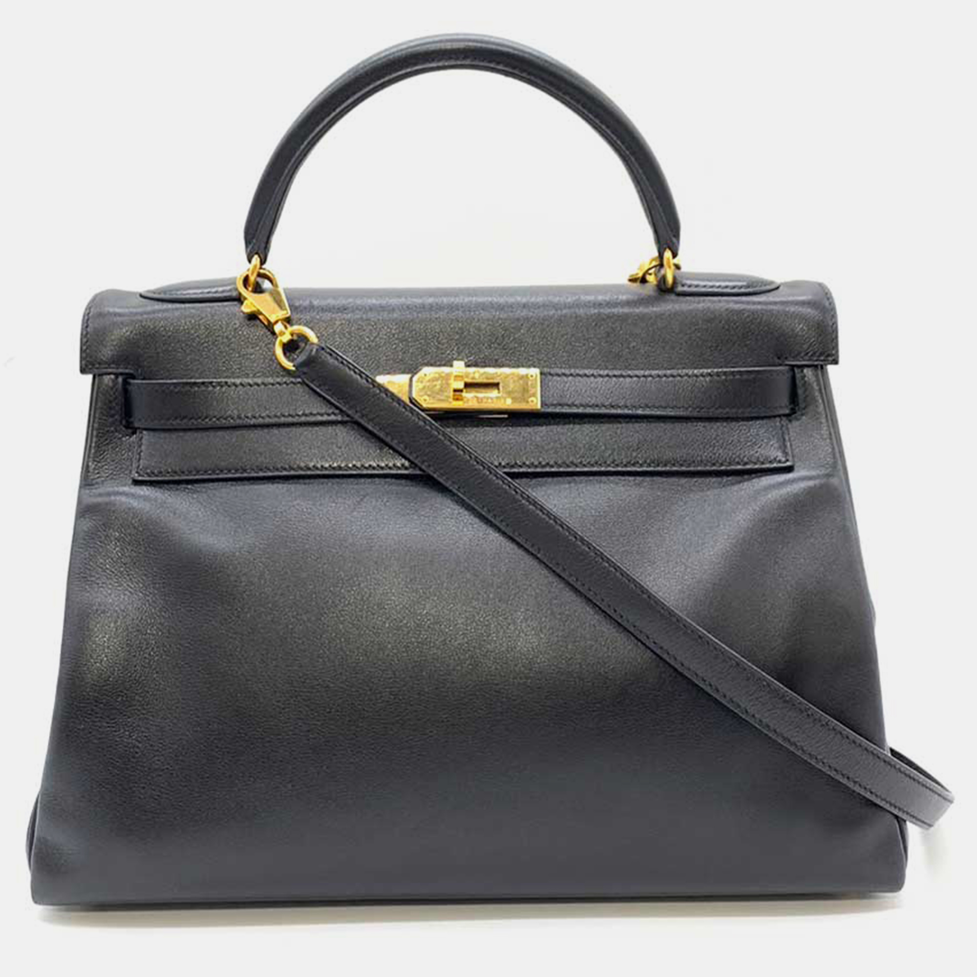 

Hermes Black Leather Kelly 32 Tote Bag