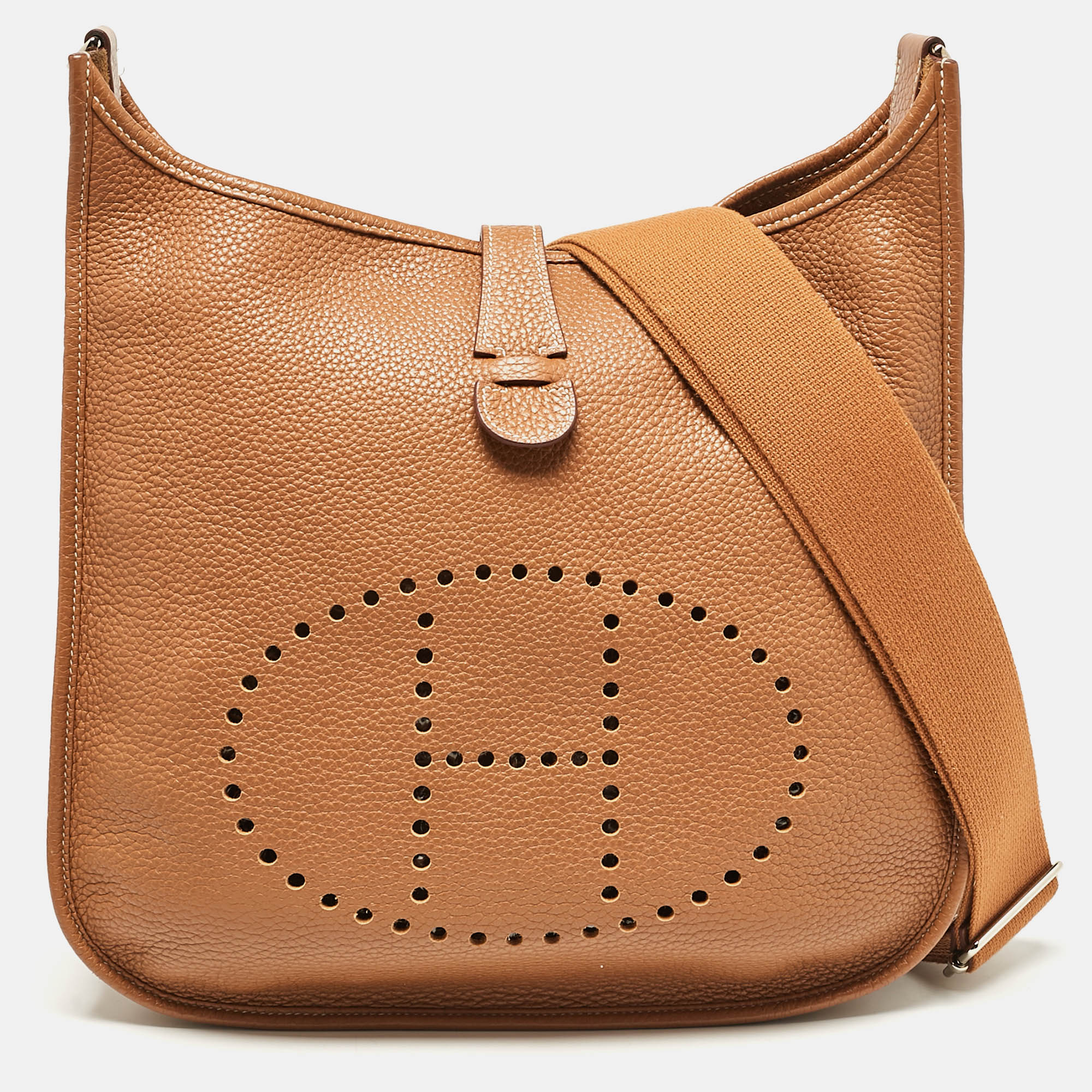 

Hermes Gold Taurillon Clemence Leather Evelyne III GM Bag, Brown