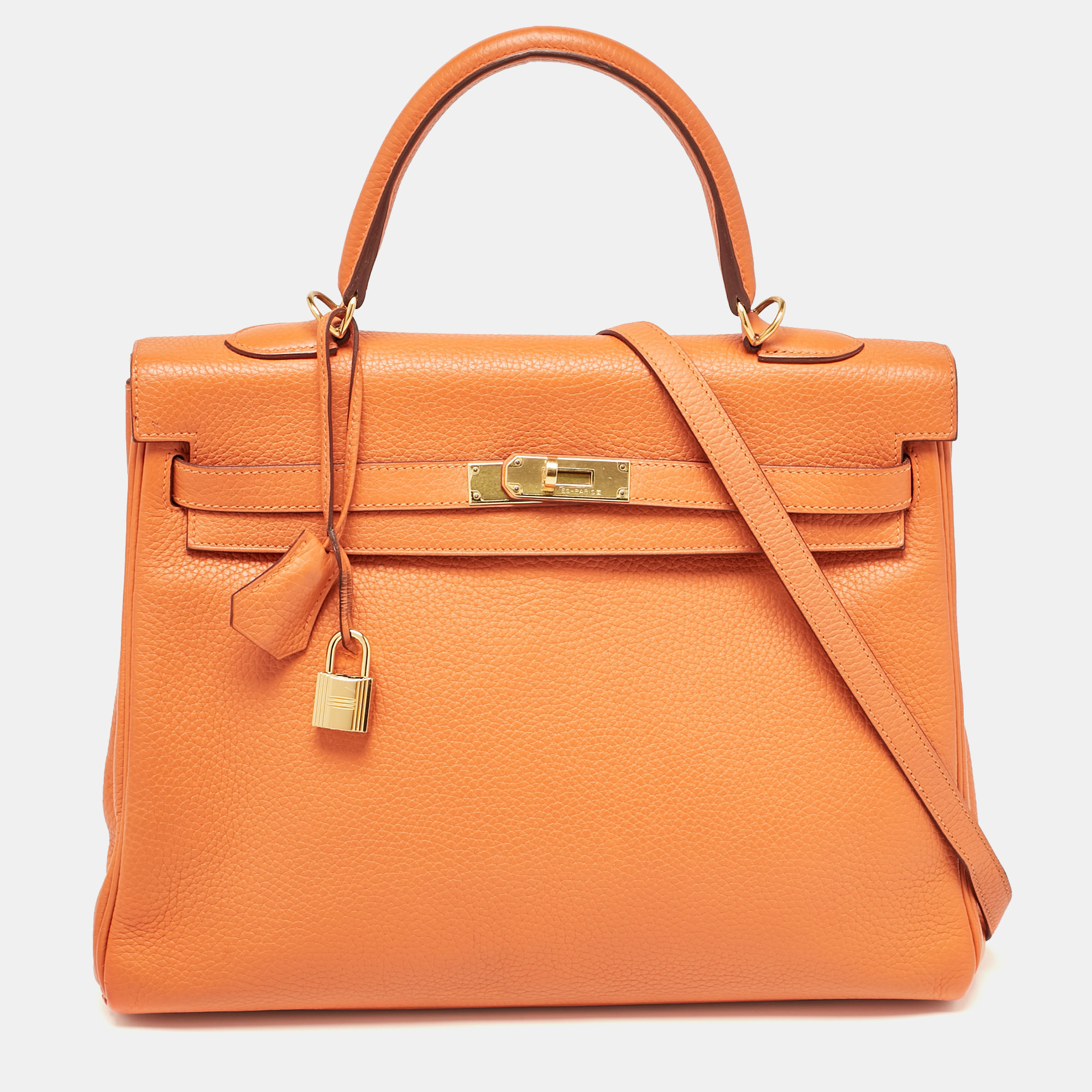 

Hermes Orange Taurillon Clemence Leather Gold Finish Kelly Retourne 35 Bag