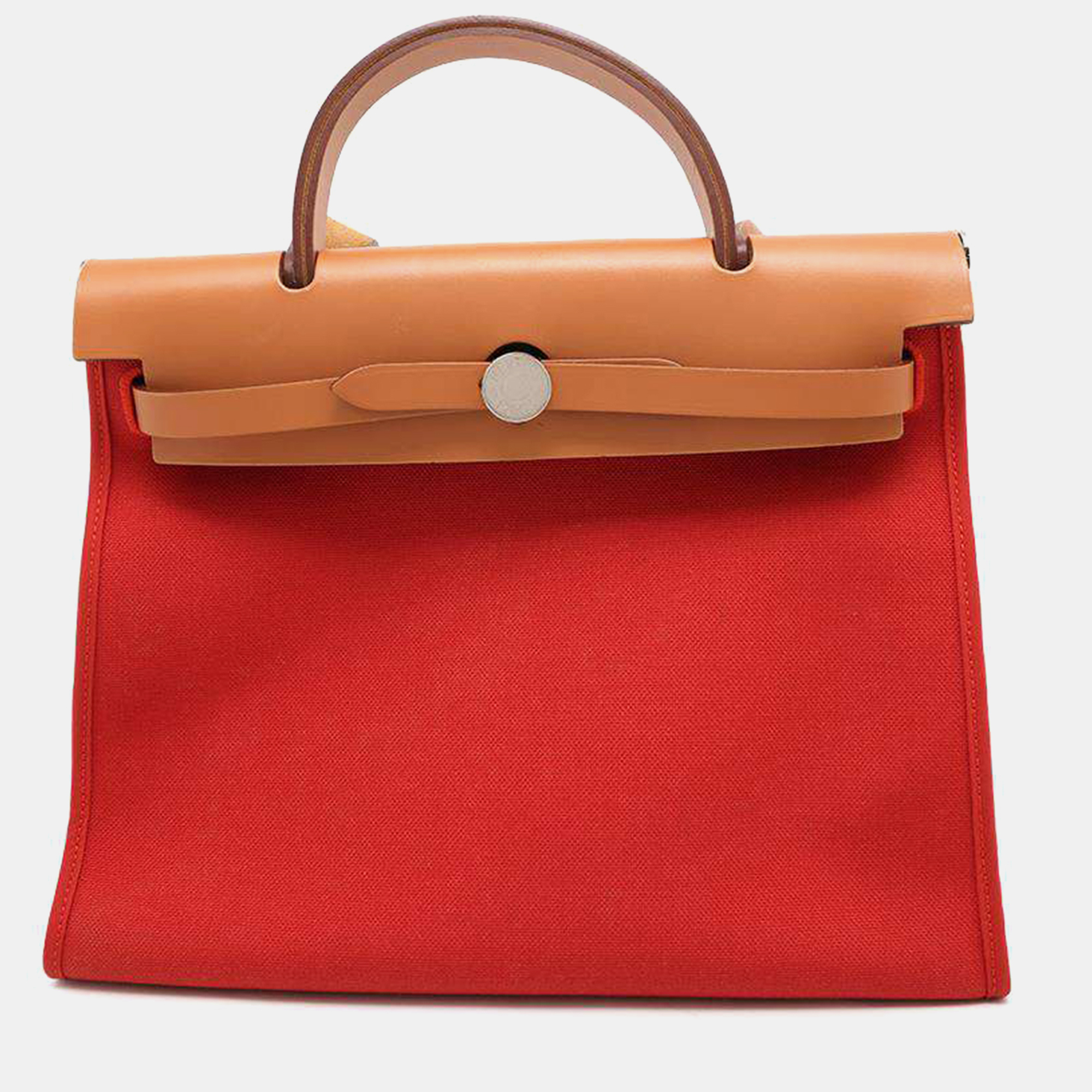 

Hermes Herbag Zip Rouge Tomate/Natural Toile Officier Vache Hunter Leather Size Pm, Red