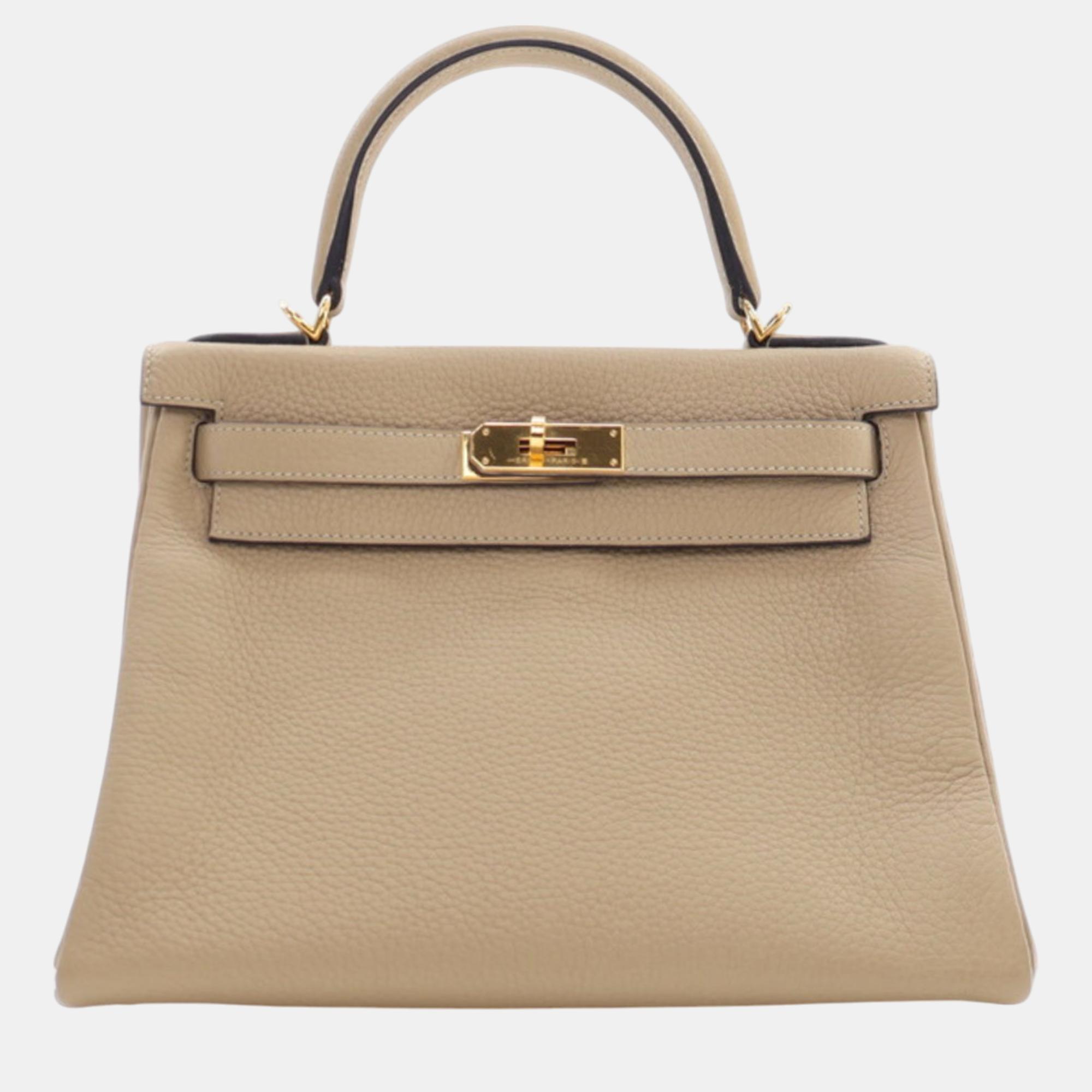 

Hermes Trench Clemence Leather Kelly 28 Bag, Beige