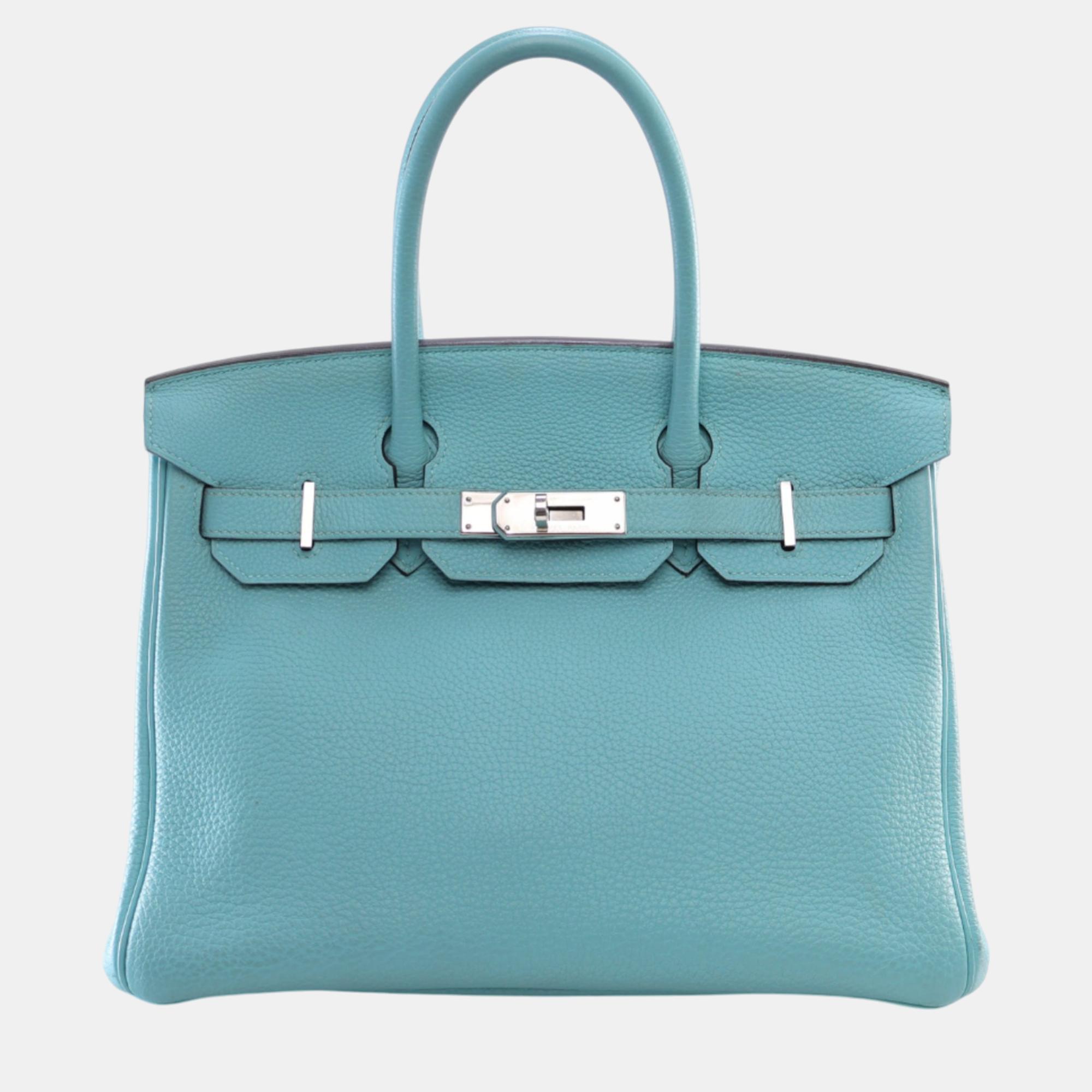 

Hermes Bleu Atoll Togo Leather Birkin 30 Bag, Blue