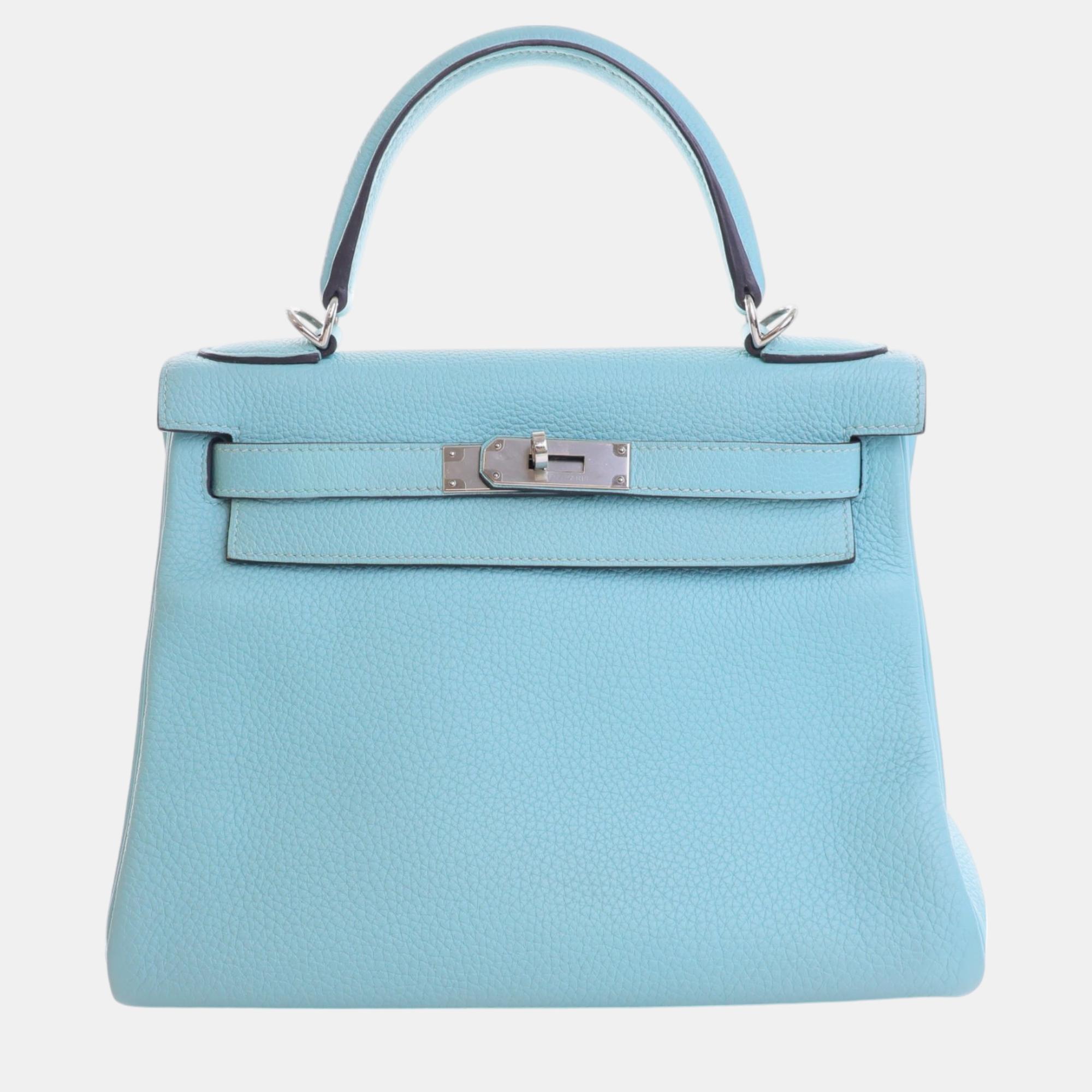 

Hermes Bleu Atoll Togo Leather Kelly 28 Bag, Blue