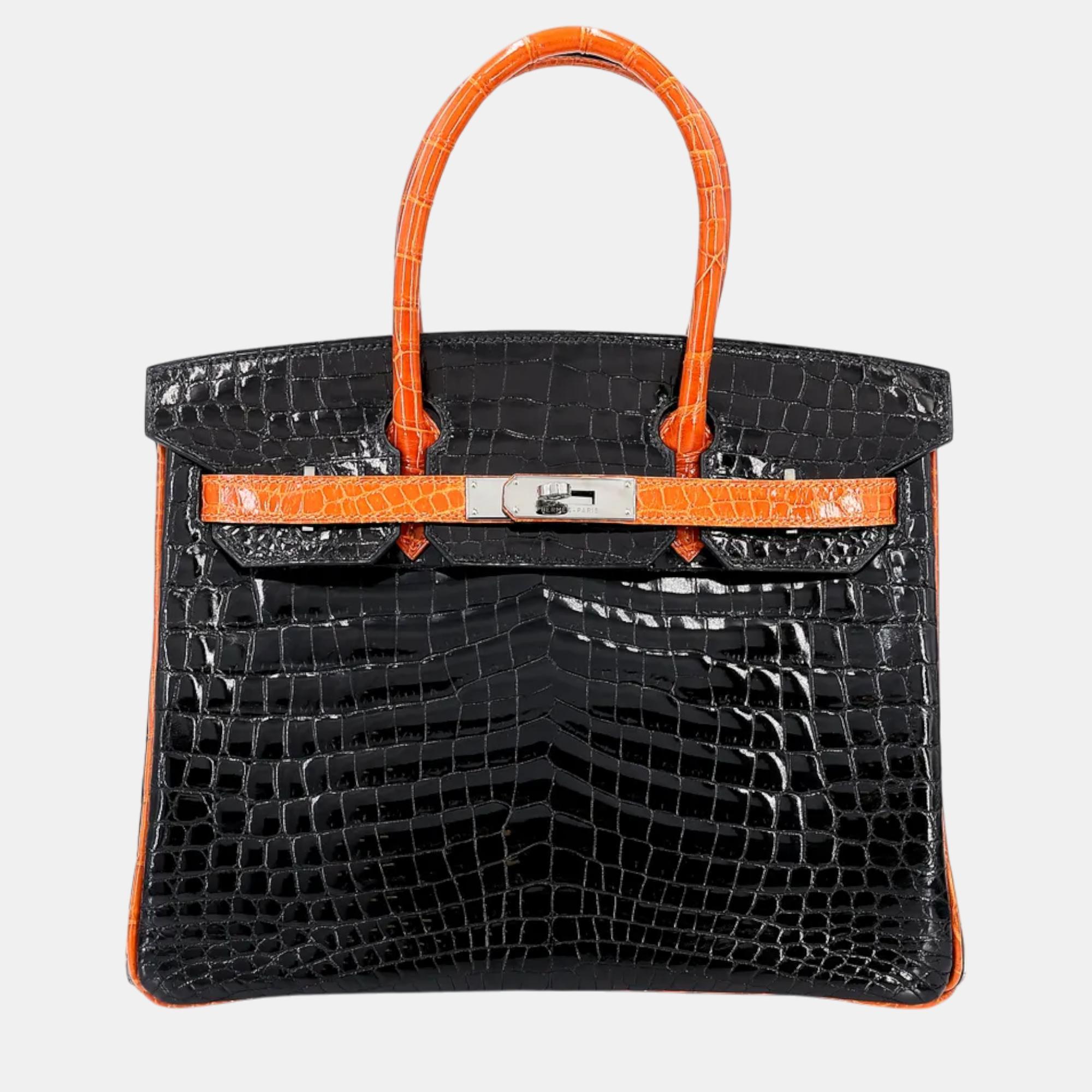 

Hermes Orange and Black Niloticus Crocodile Leather Birkin 30 Bag