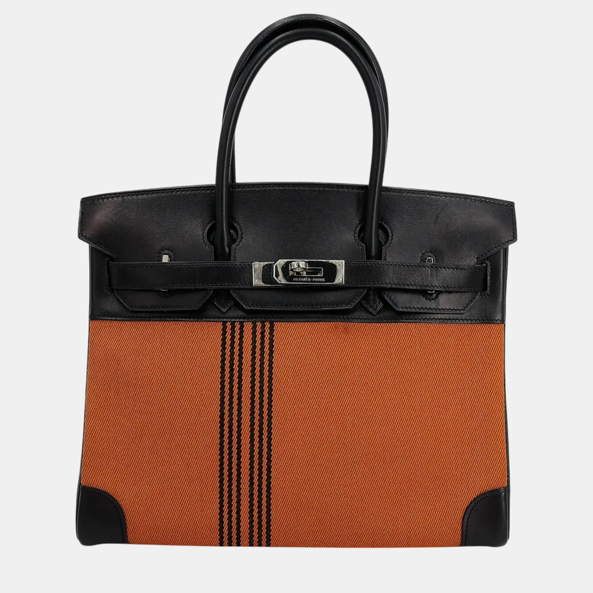 

Hermes Orange and Black Toile H,Box Calf Leather Birkin 30 Bag