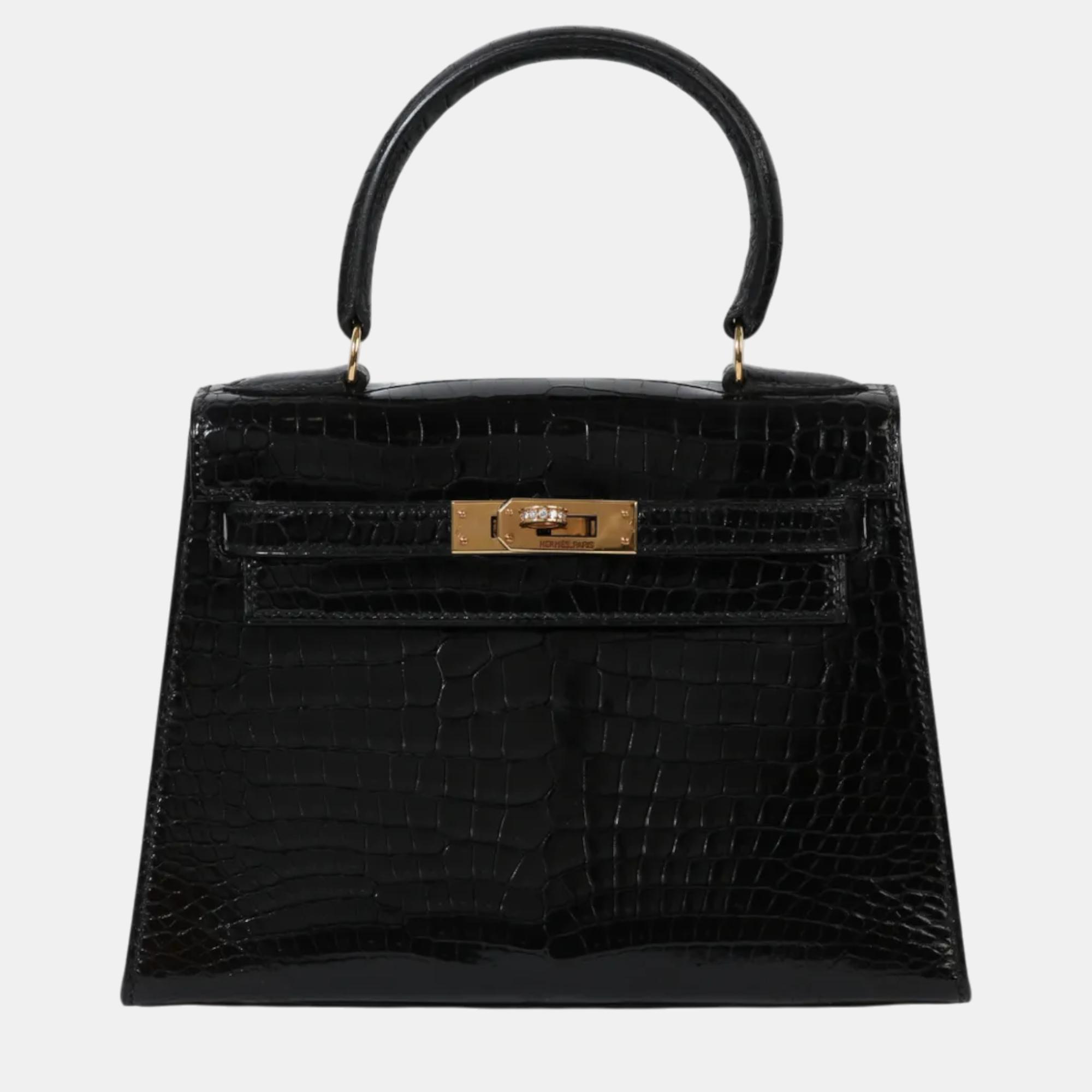 

Hermes Black Porosus Crocodile Leather Kelly 20 Bag