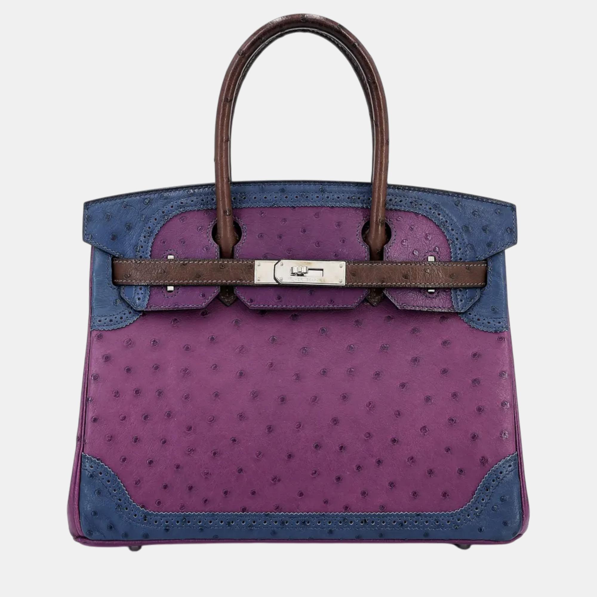 

Hermes Violet ,Bleu de Malte ,Marron d’Inde Ostrich Leather Birkin 30 Ghillies Bag, Blue