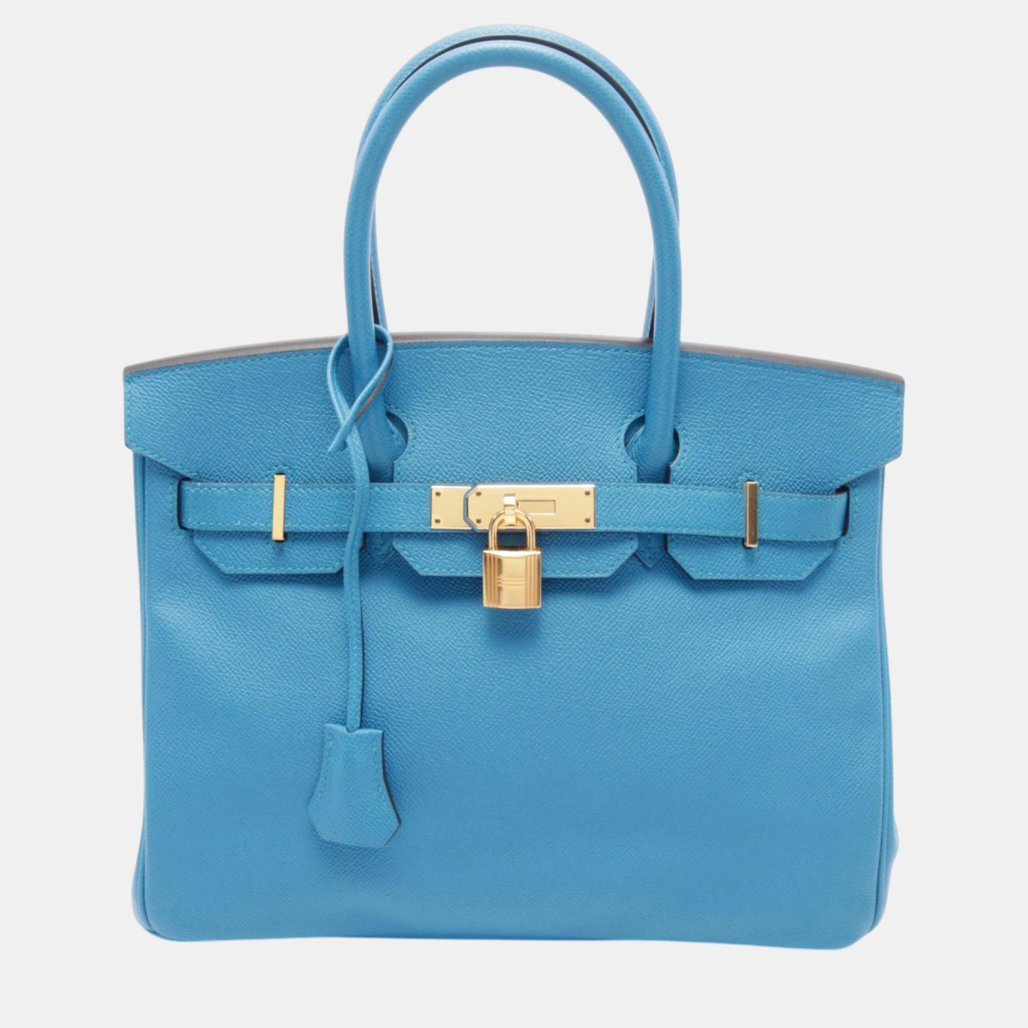 

Hermes Blue Leather Birkin 30 Handbag