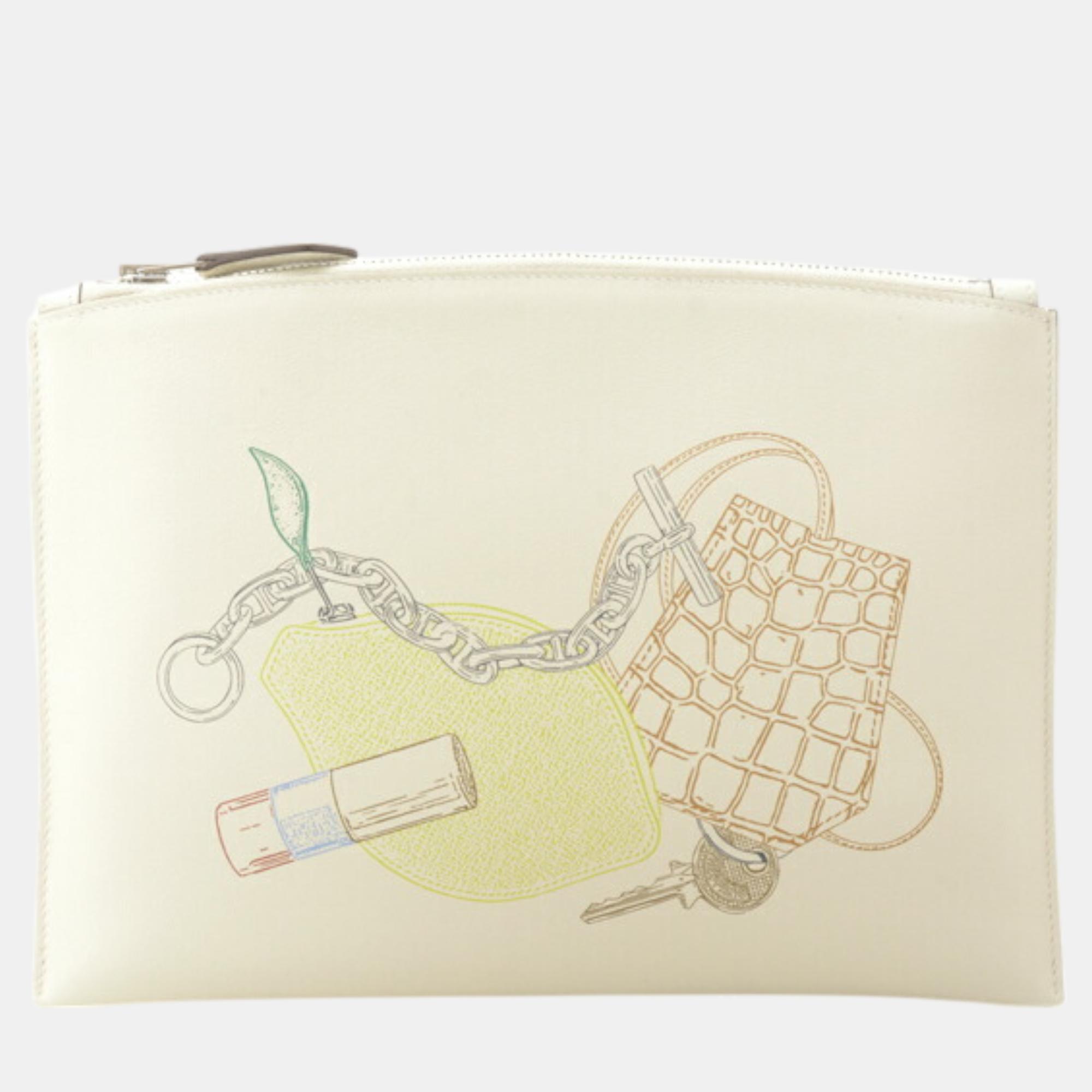 

Hermes Ivory White Leather Bazaar PM Clutch Bag