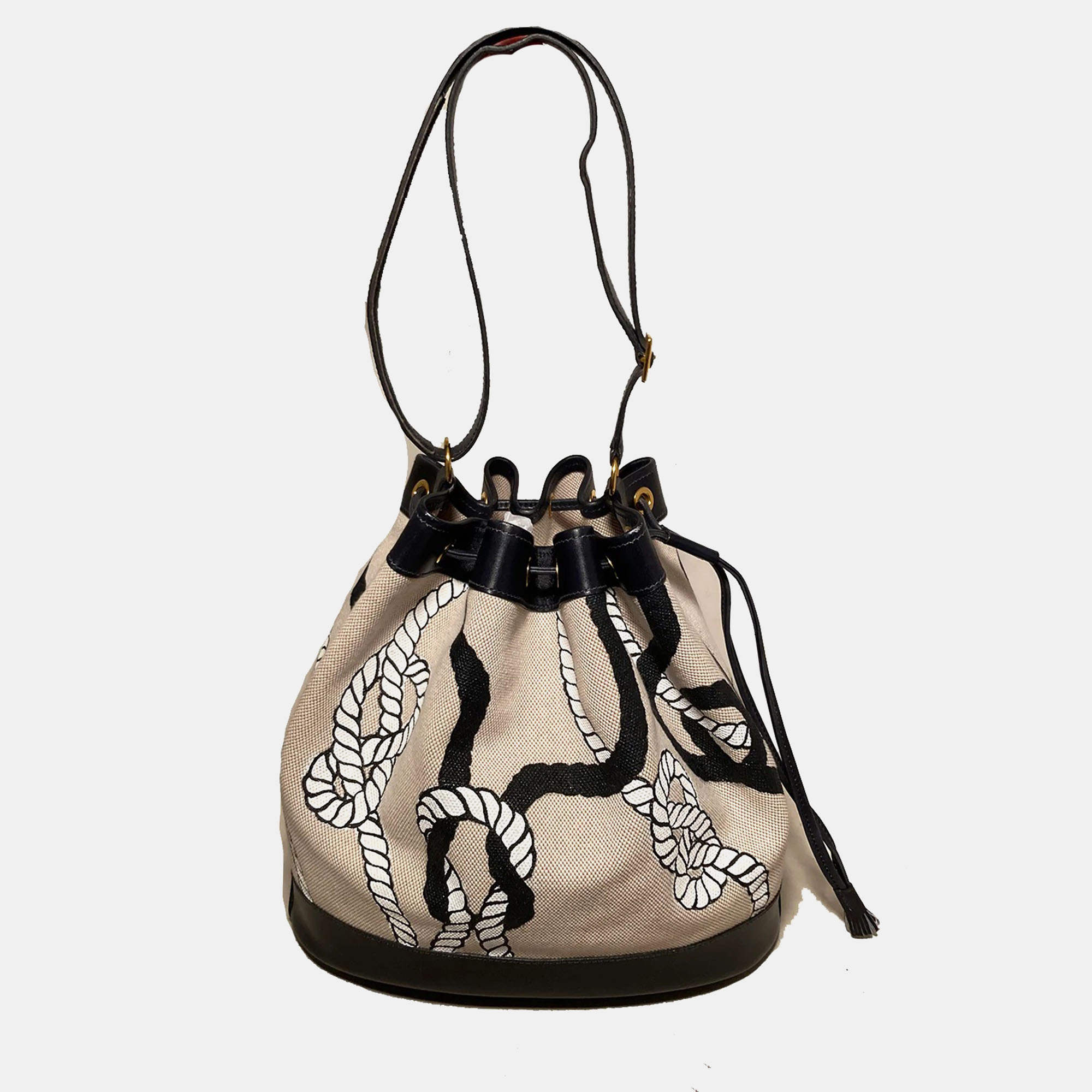 

Hermes Vintage Drawstring Bucket Bag Hand Painted, Beige