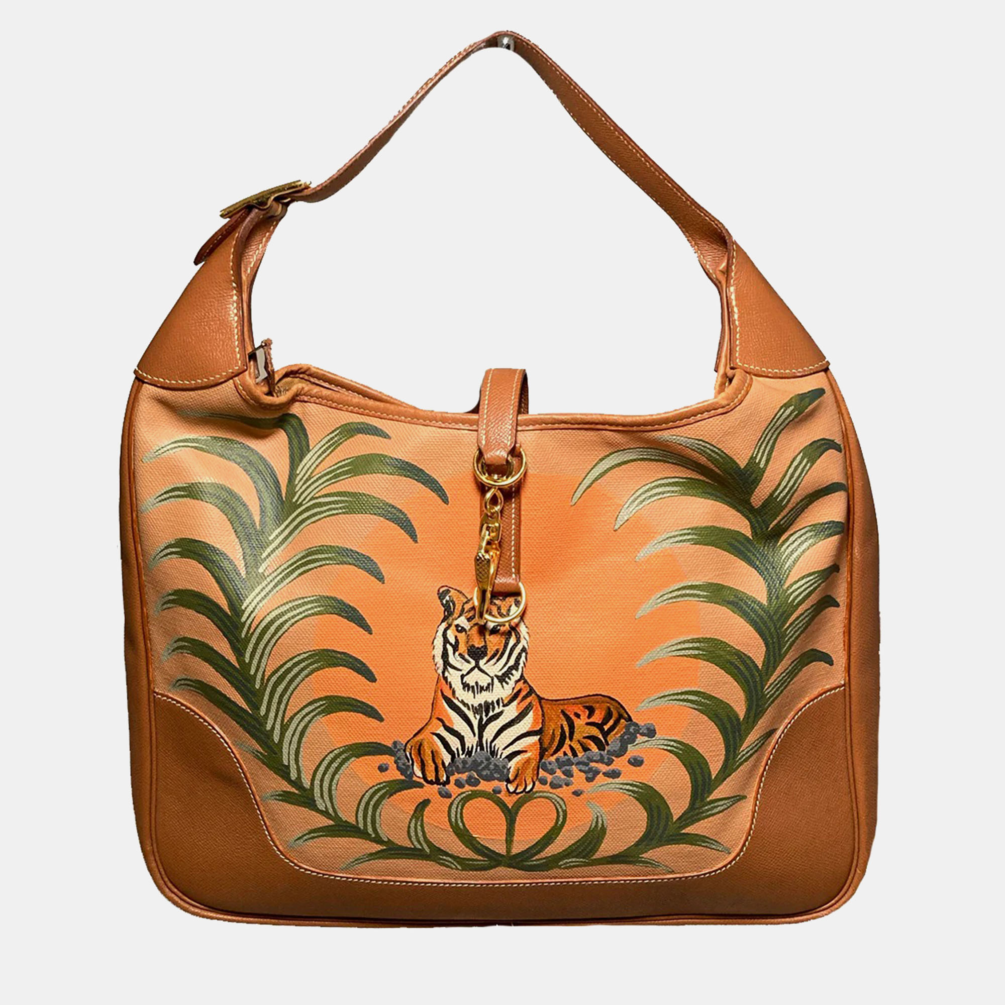 

Hermes Brown Hand Painted Tiger Canvas & Leather Bag