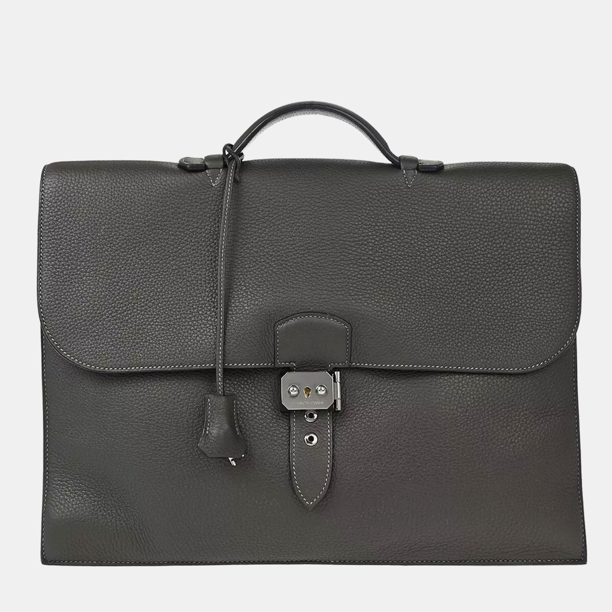 

Hermes Graphite Taurillon Clemence Sac a Depeches 38 Briefcase, Grey