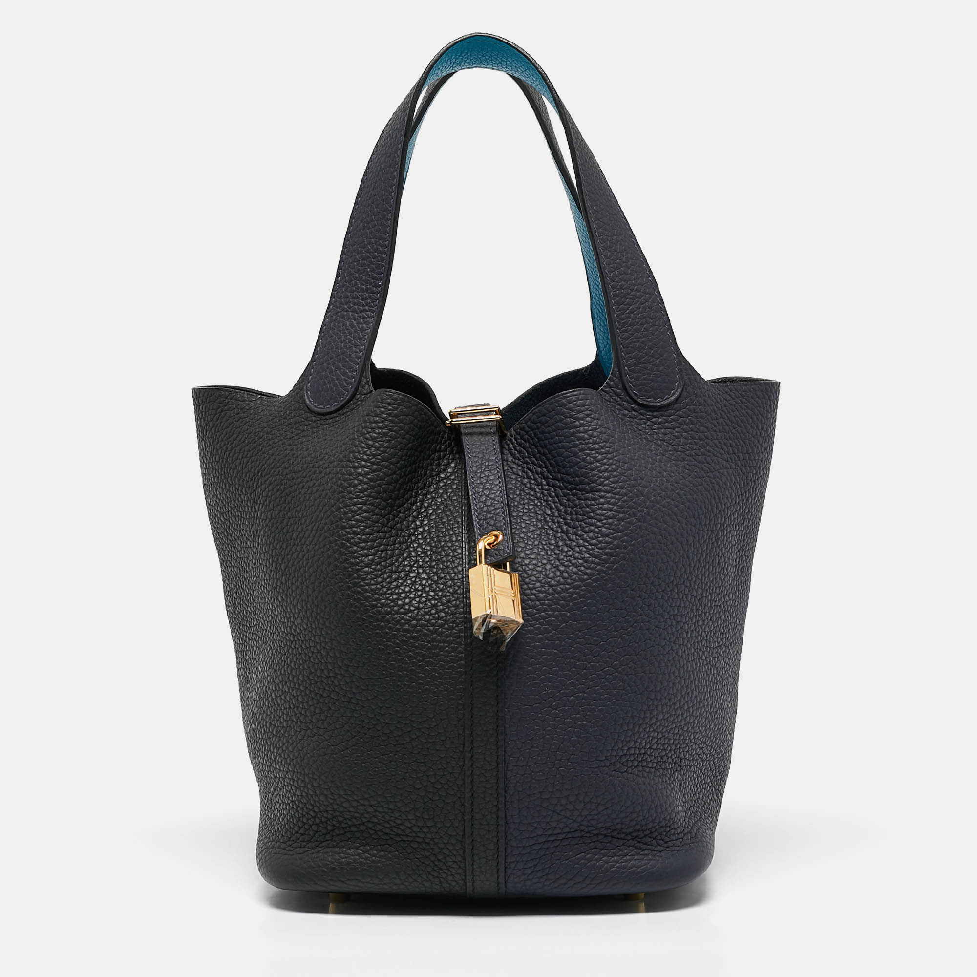 

Hermès Bleu Nuit/Noir/Bleu Zanzibar Taurillon Clemence Leather Picotin Lock 22 Bag, Multicolor